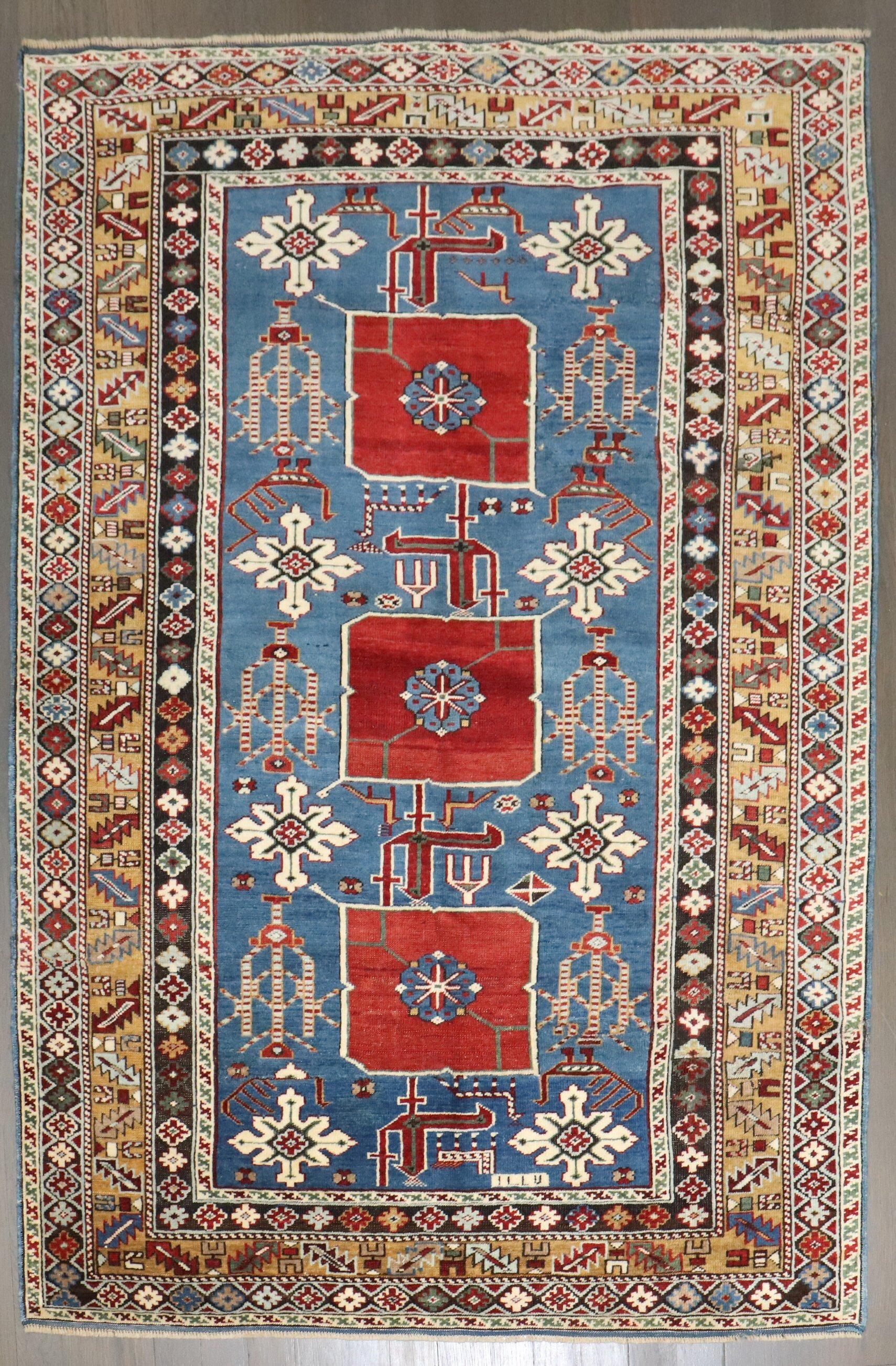 19th Century Zabihi Collection Blue Karaghashli Caucasian 19th century rug Rug For Sale