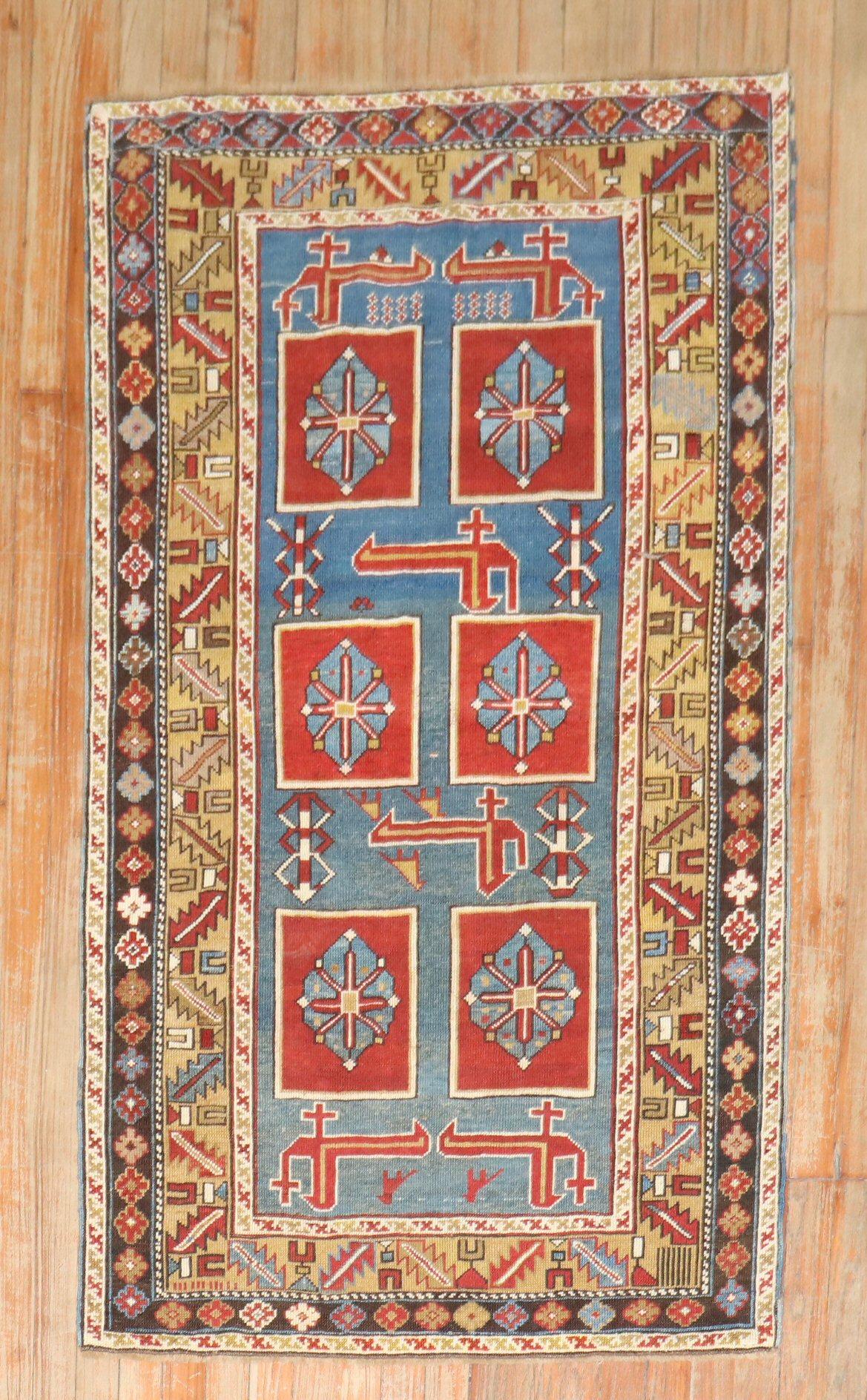 Zabihi Collection Blue Karaghashli Caucasian Rug For Sale 3