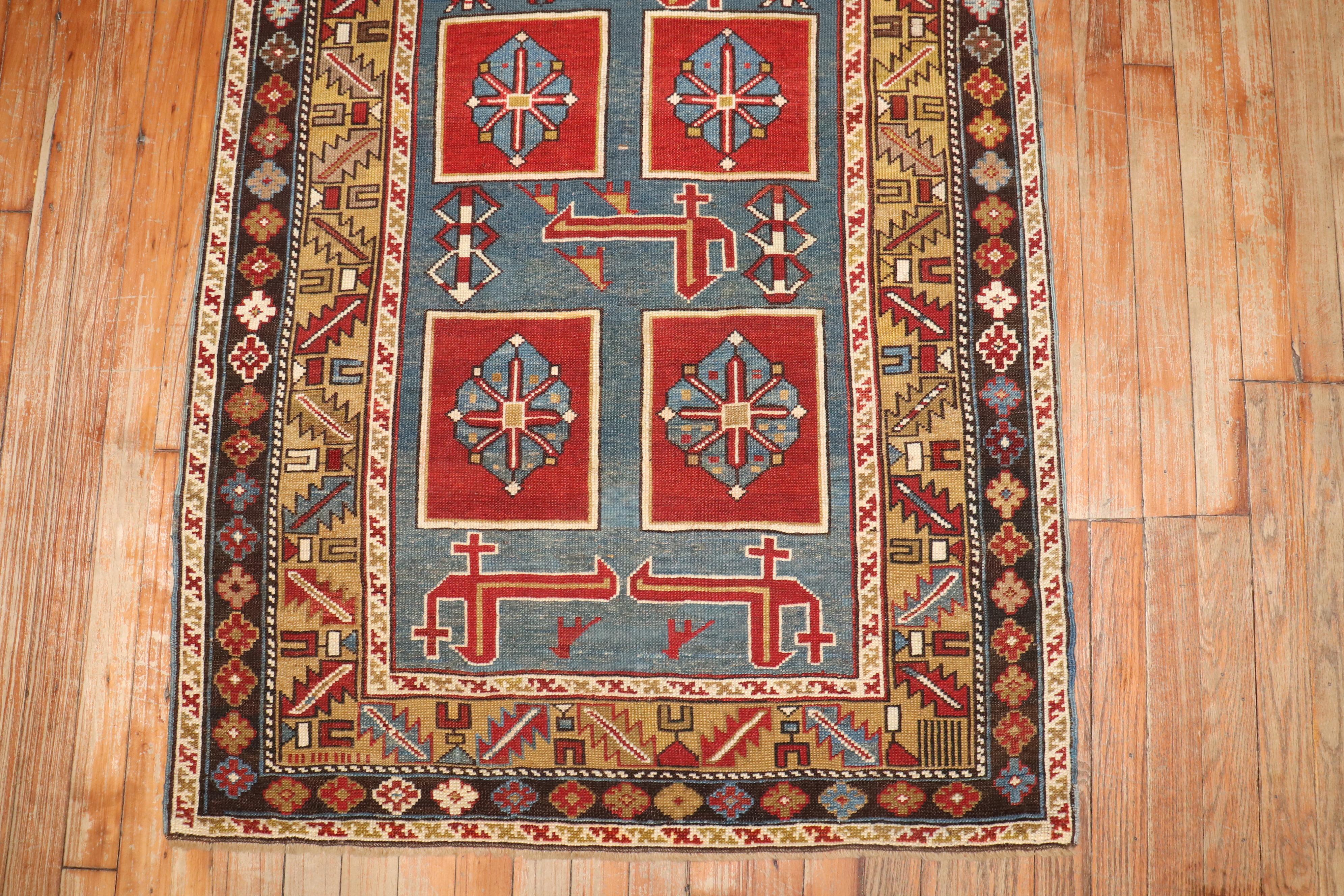 Zabihi Collection Blue Karaghashli Caucasian Rug For Sale 4