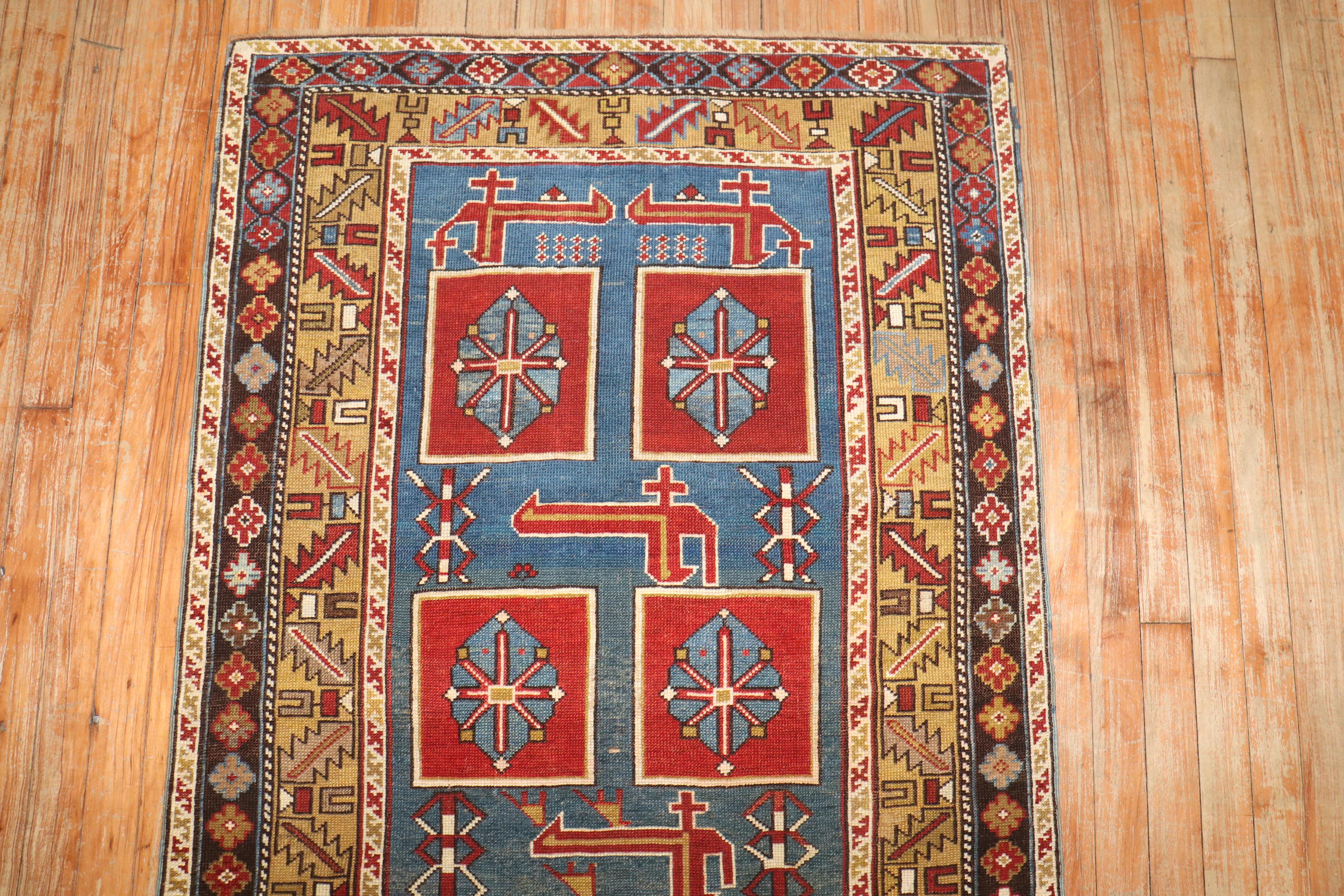 Zabihi Collection Blue Karaghashli Caucasian Rug For Sale 6