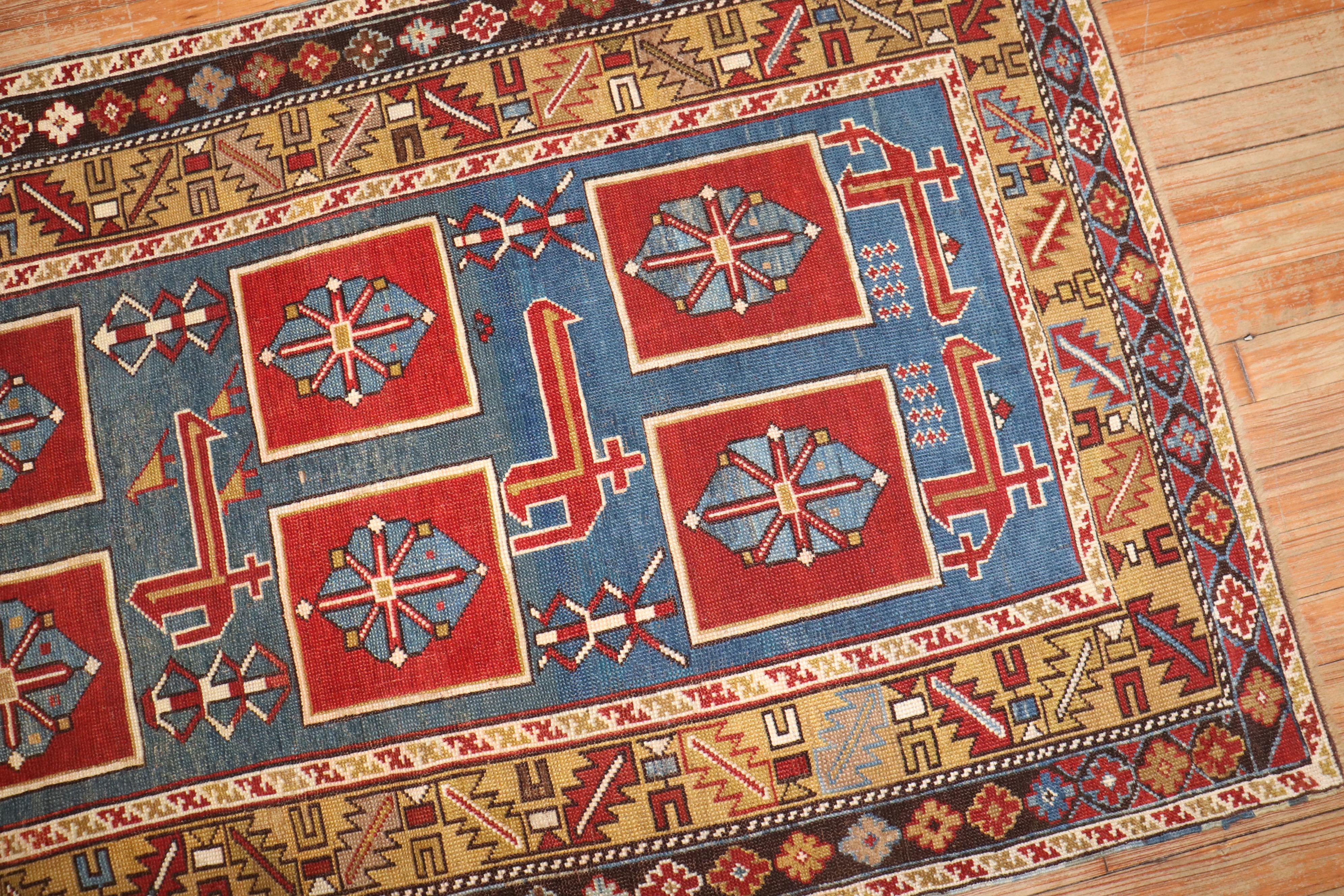 Kazak Zabihi Collection Blue Karaghashli Caucasian Rug For Sale