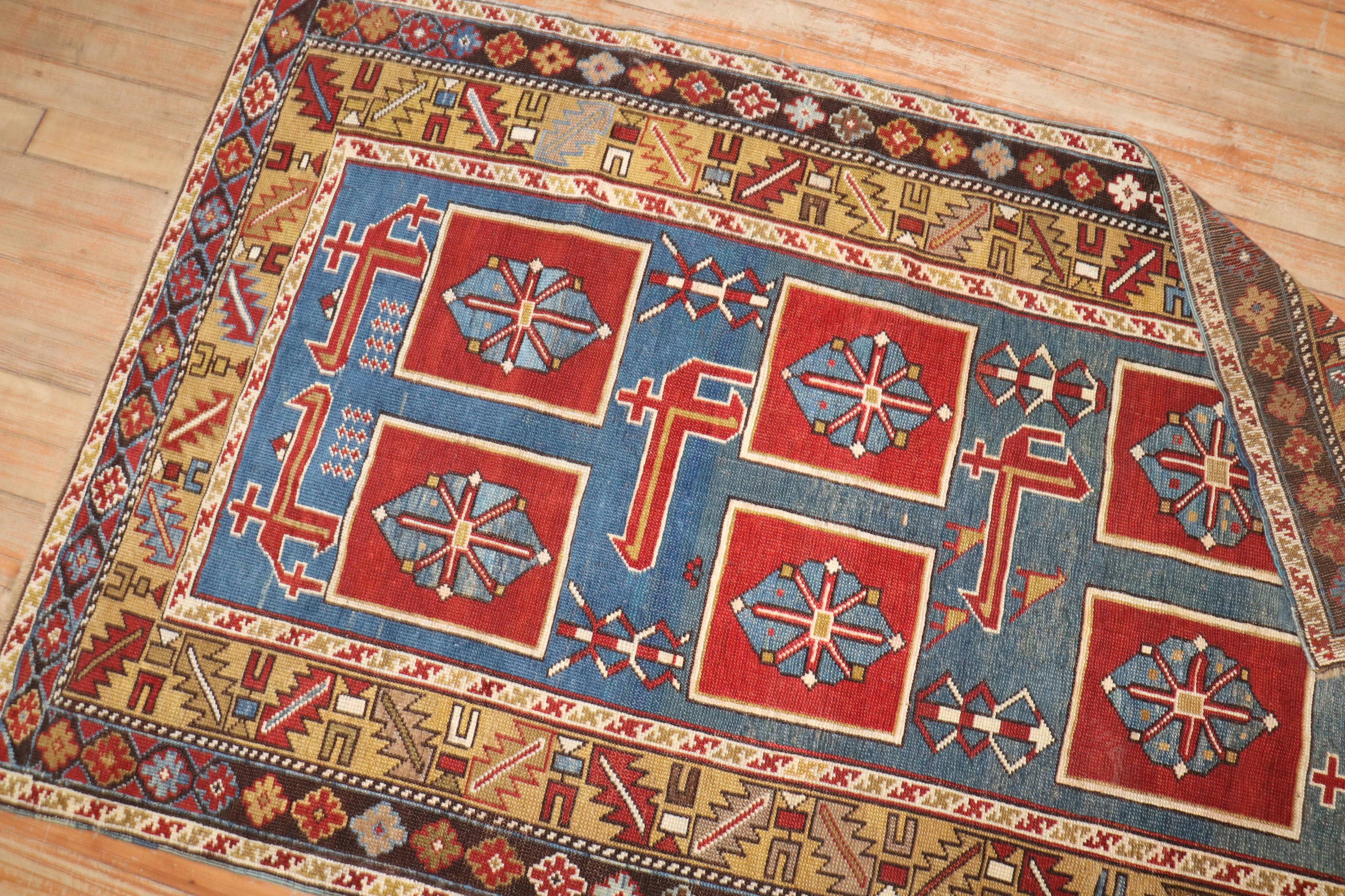 Wool Zabihi Collection Blue Karaghashli Caucasian Rug For Sale