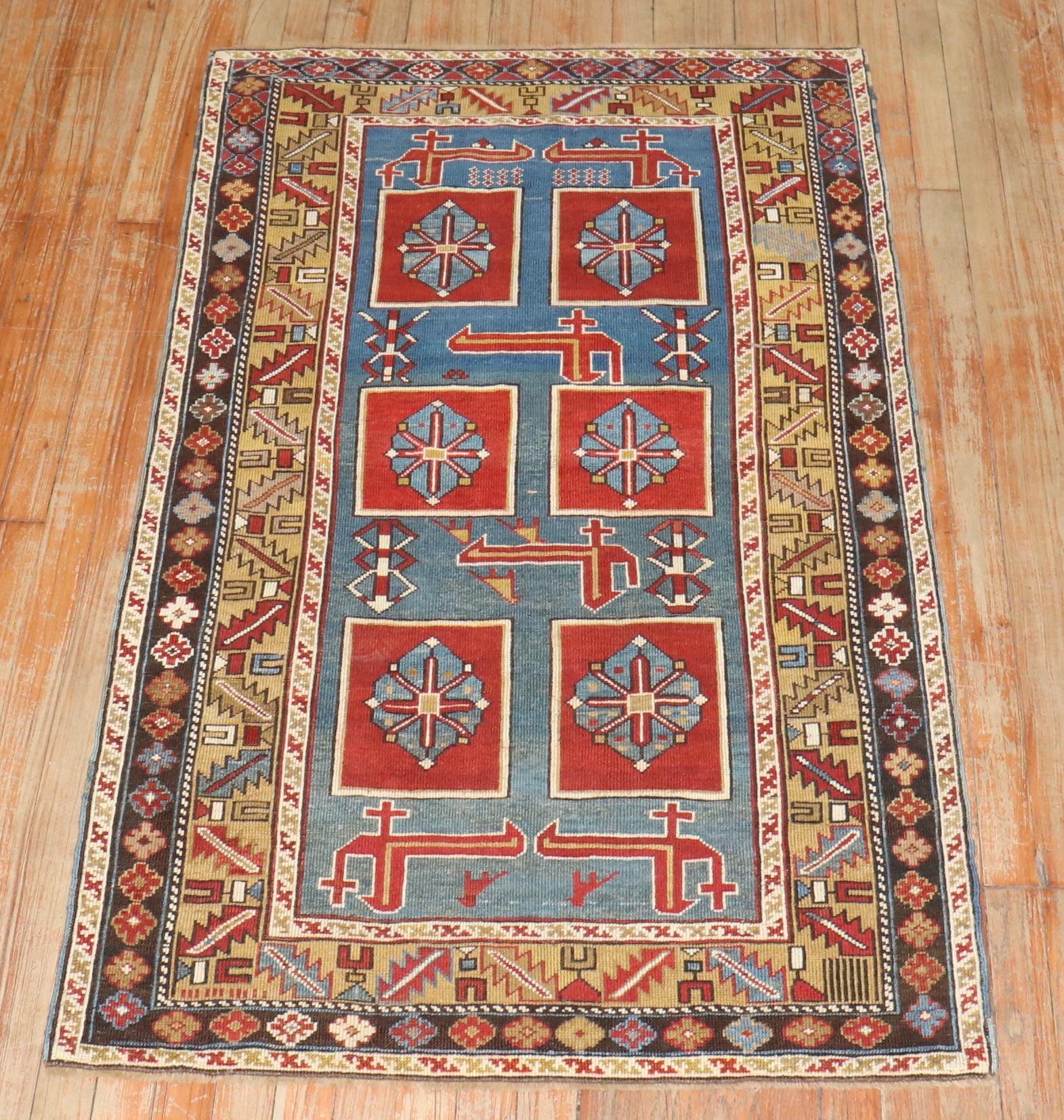 Zabihi Collection Blue Karaghashli Caucasian Rug For Sale 2