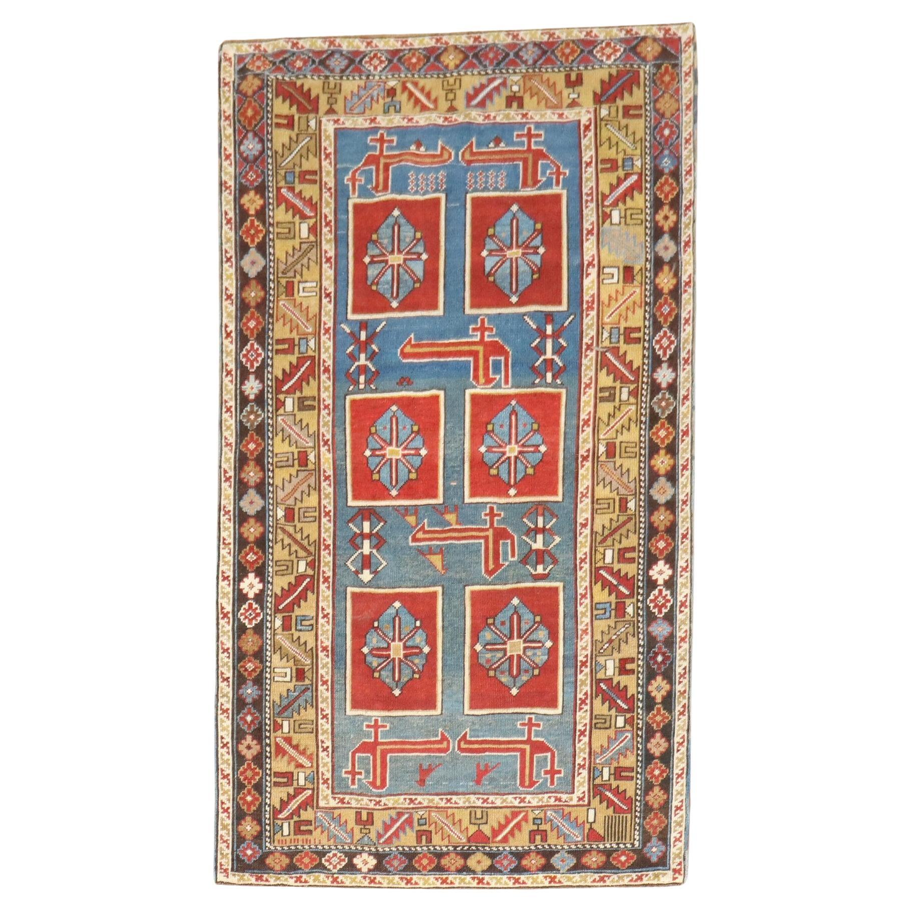 Zabihi Collection Blue Karaghashli Caucasian Rug For Sale