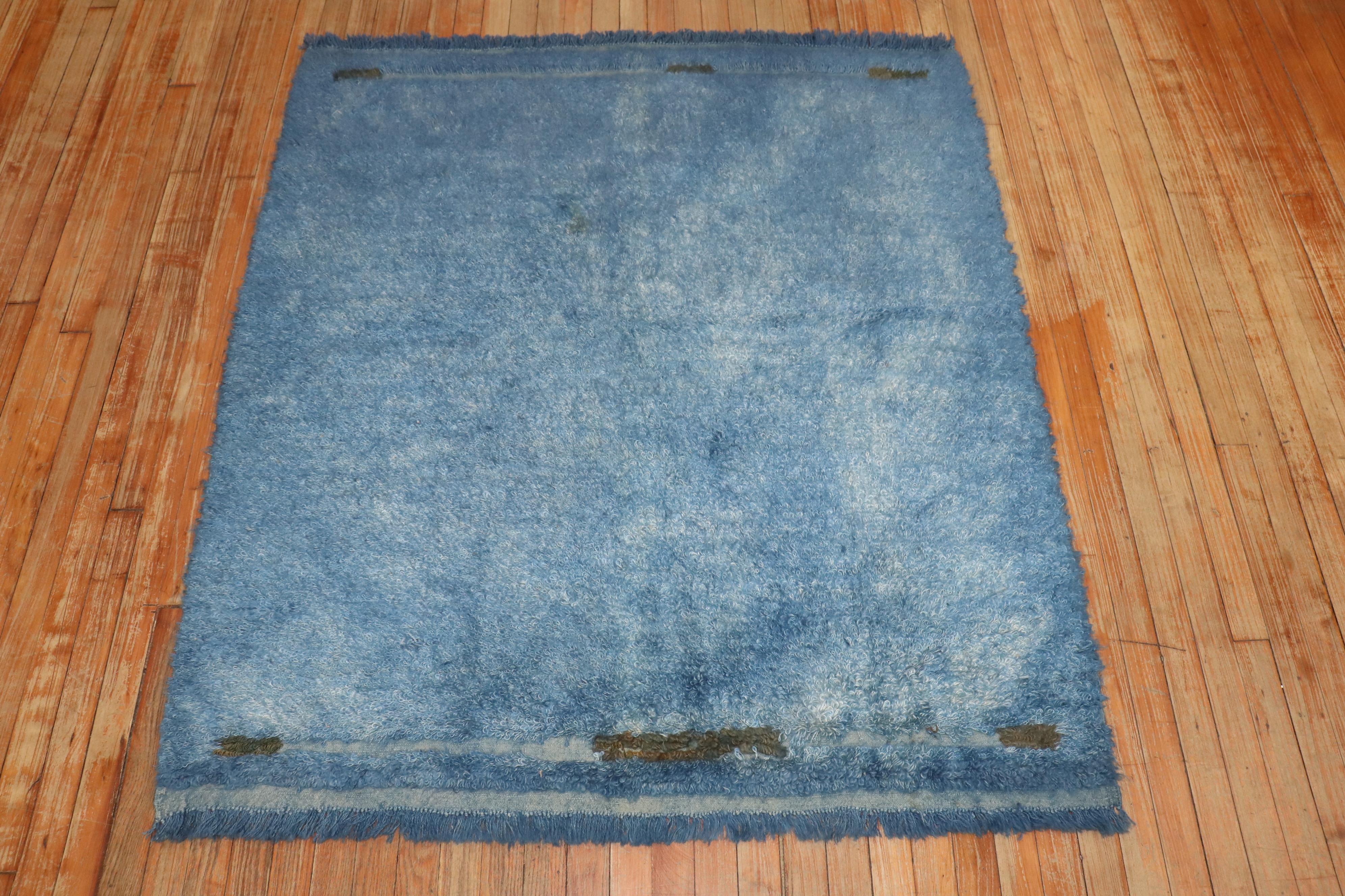 20th Century Zabihi Collection Blue Minimalist Vintage Turkish Tulu Carpet For Sale