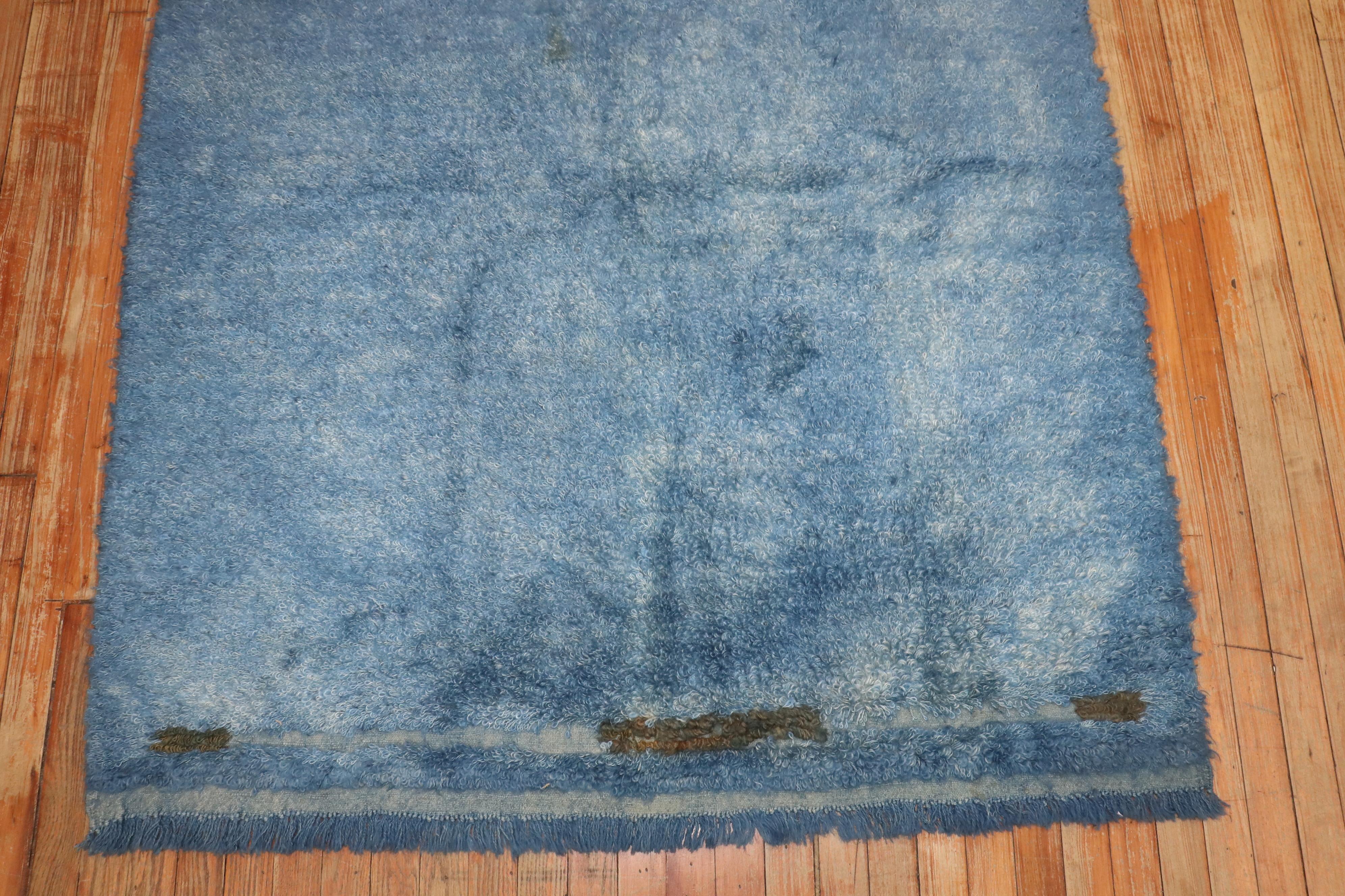 Wool Zabihi Collection Blue Minimalist Vintage Turkish Tulu Carpet For Sale