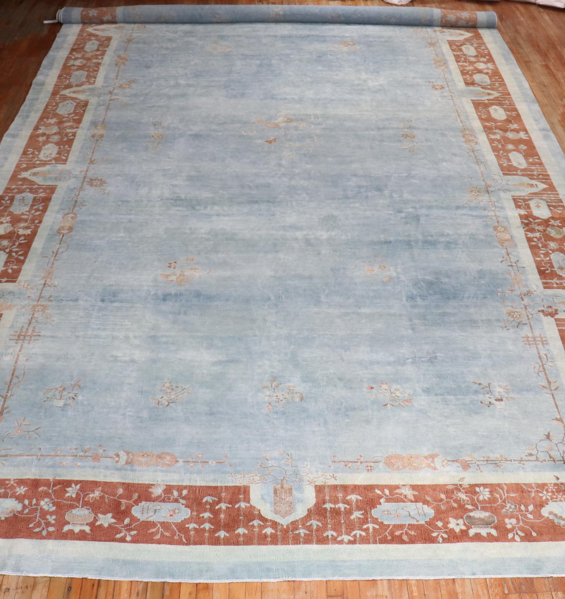 Zabihi Collection Blue Palace Size Art Deco Chinese Rug For Sale 1