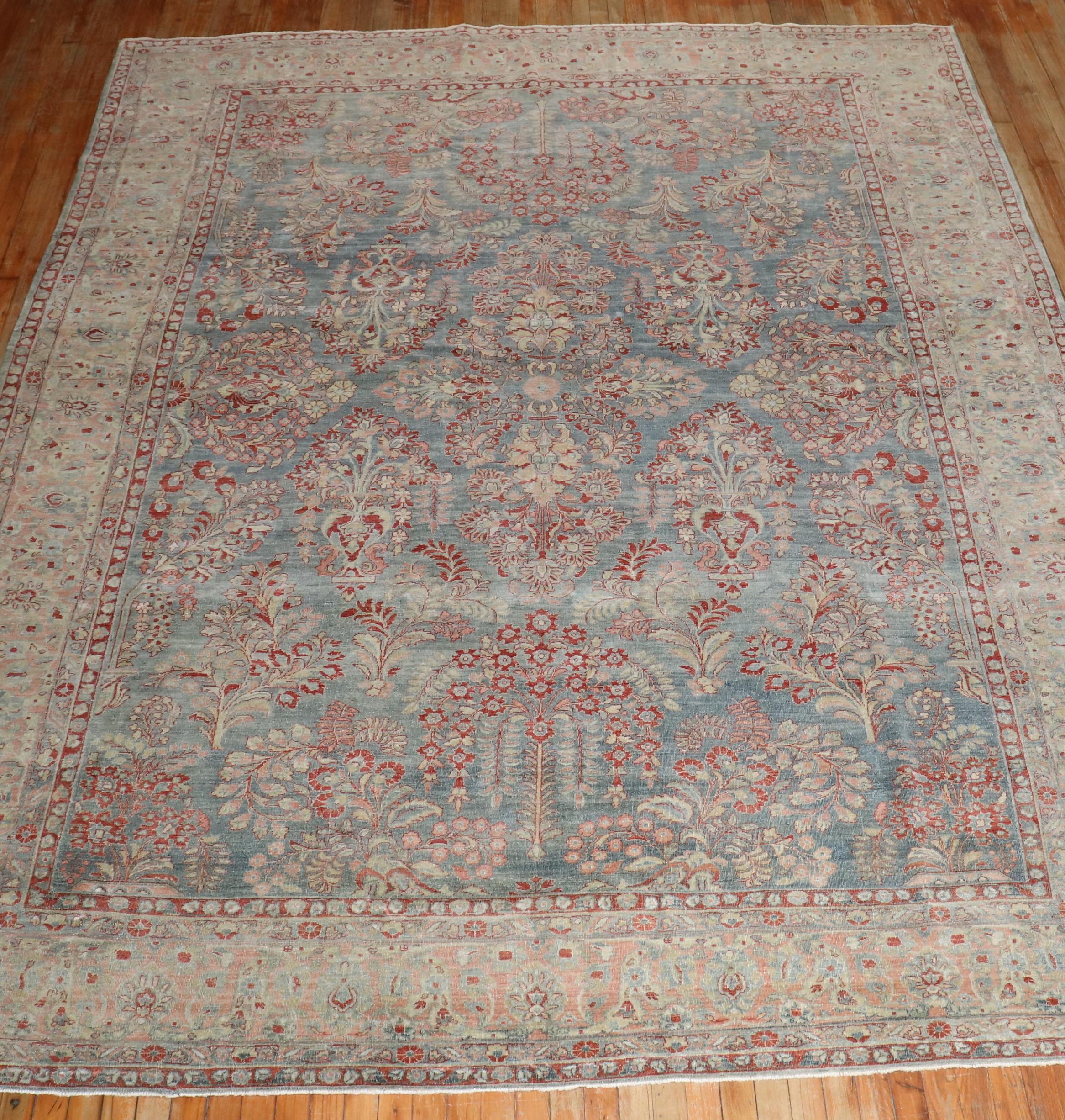 Hand-Woven Zabihi Collection Blue Pink Persian Sarouk  Rug For Sale