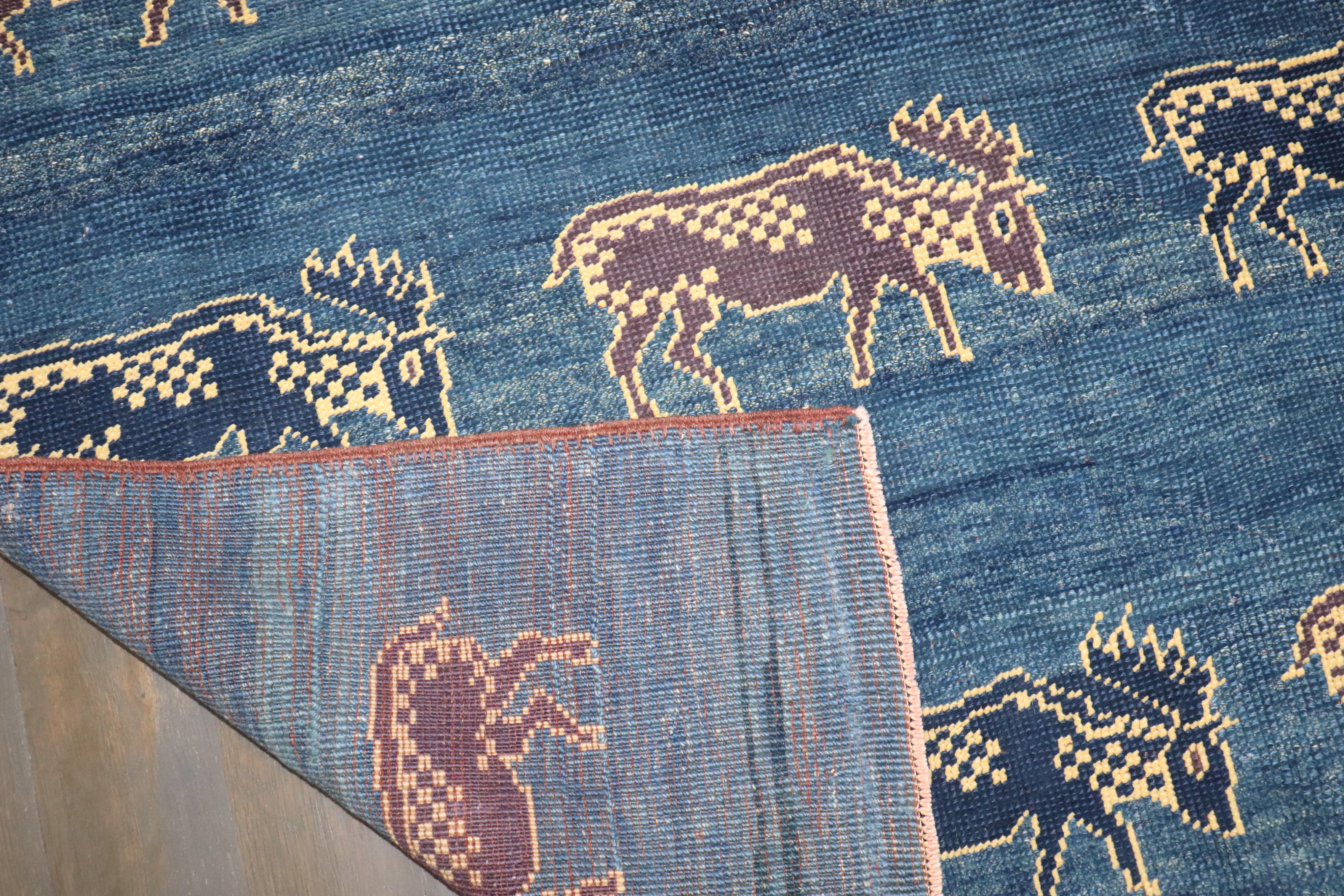Folk Art Zabihi Collection Blue Turkish Goat Accent Rug For Sale