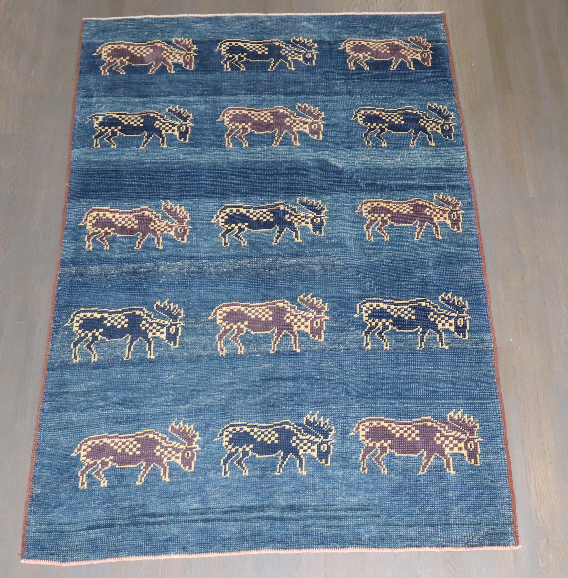Persian Zabihi Collection Blue Turkish Goat Accent Rug For Sale