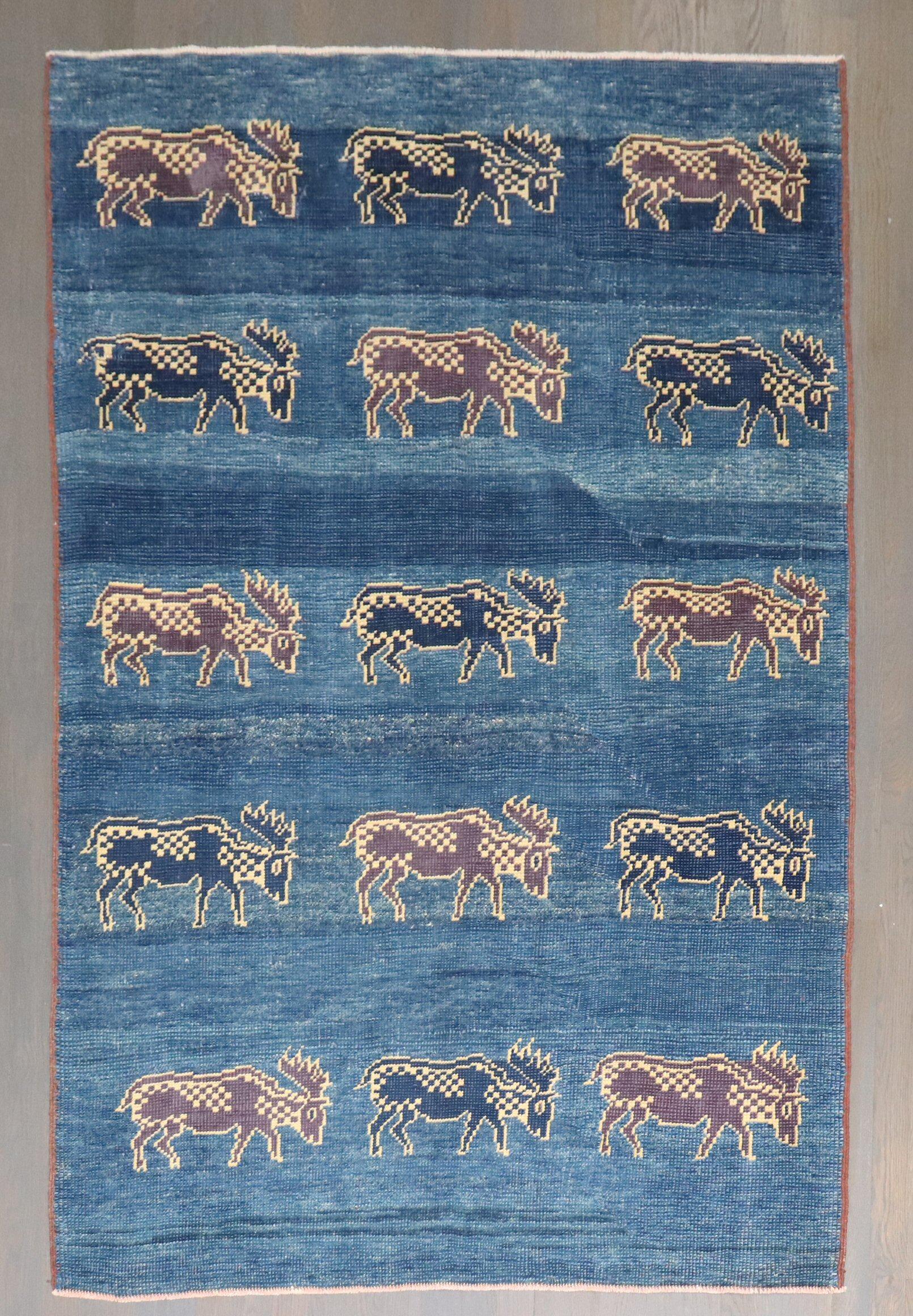 Hand-Knotted Zabihi Collection Blue Turkish Goat Accent Rug For Sale