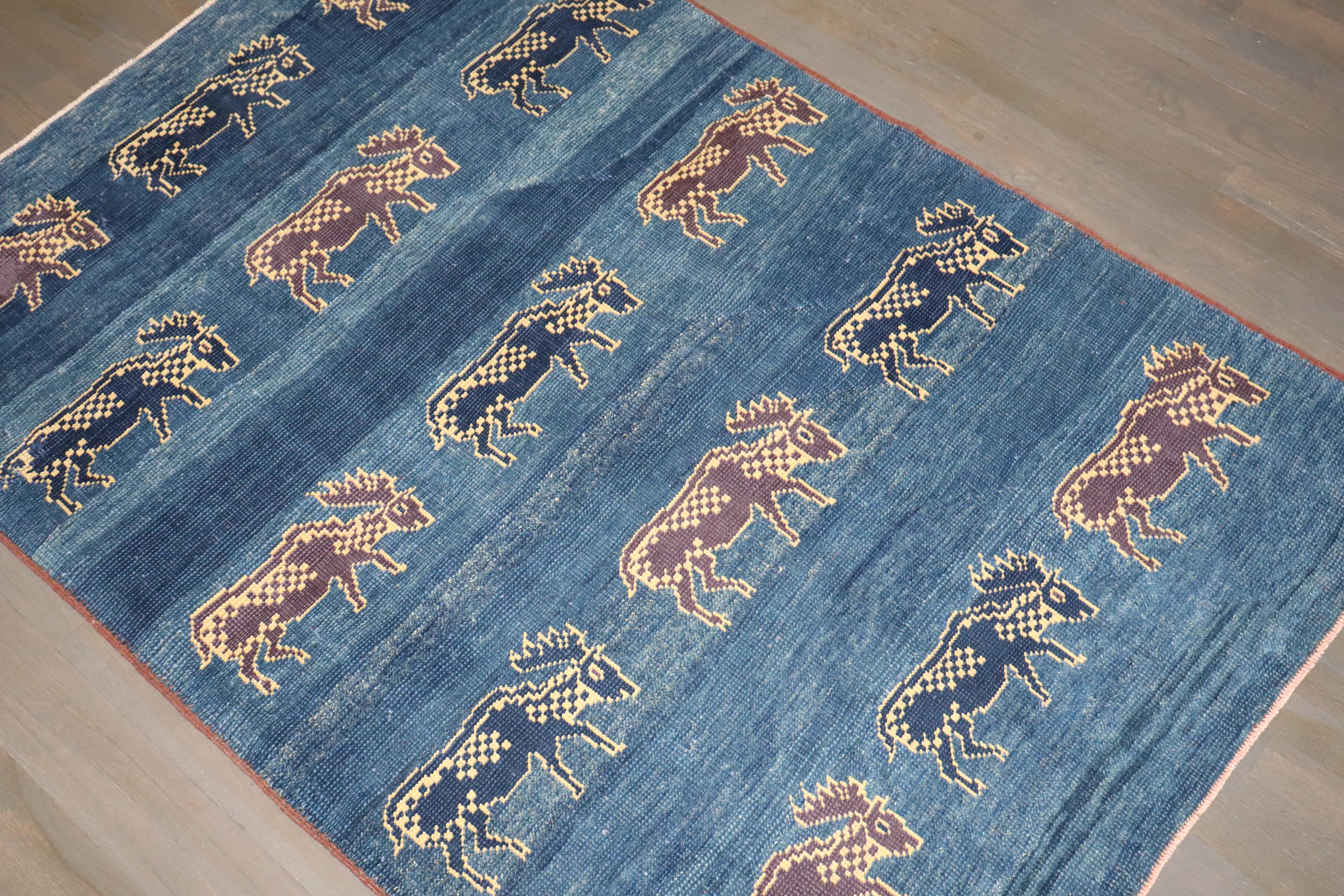 20th Century Zabihi Collection Blue Turkish Goat Accent Rug For Sale