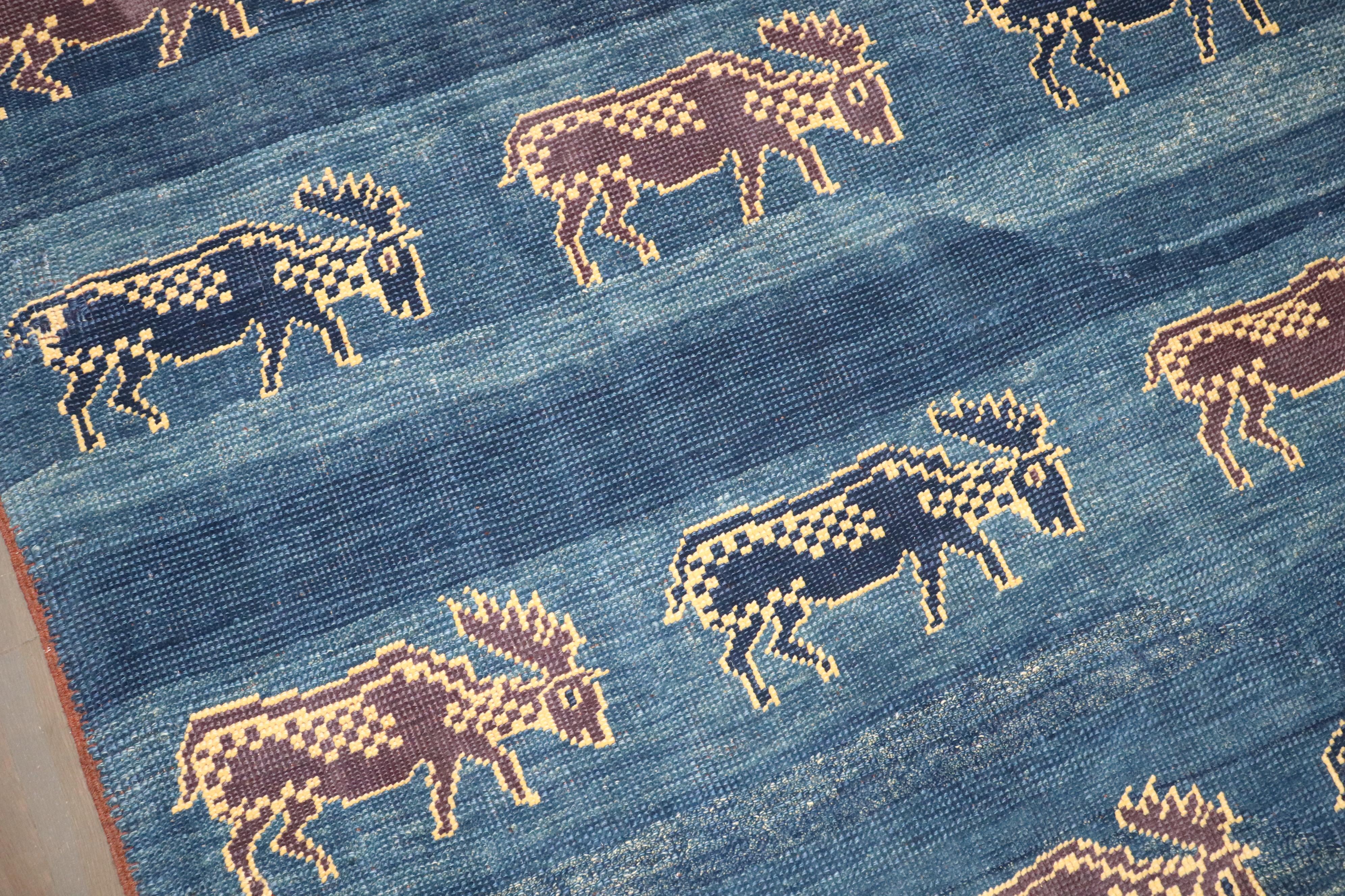 Wool Zabihi Collection Blue Turkish Goat Accent Rug For Sale
