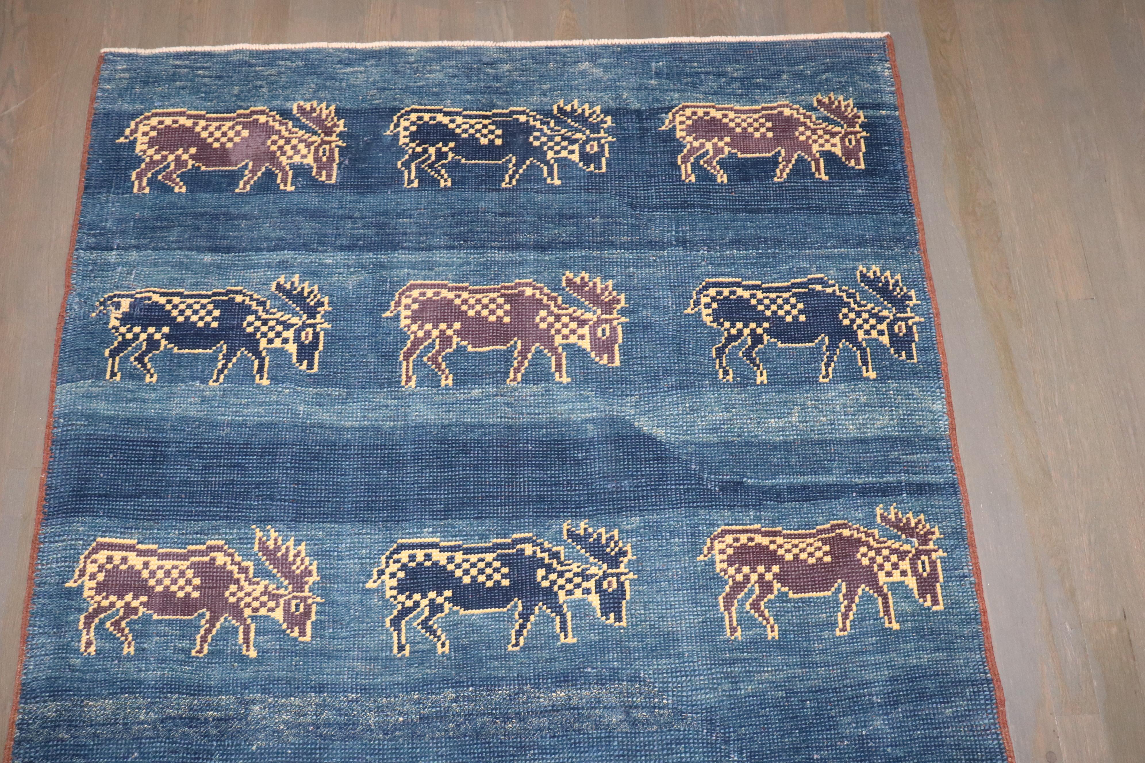 Zabihi Collection Blue Turkish Goat Accent Rug For Sale 1