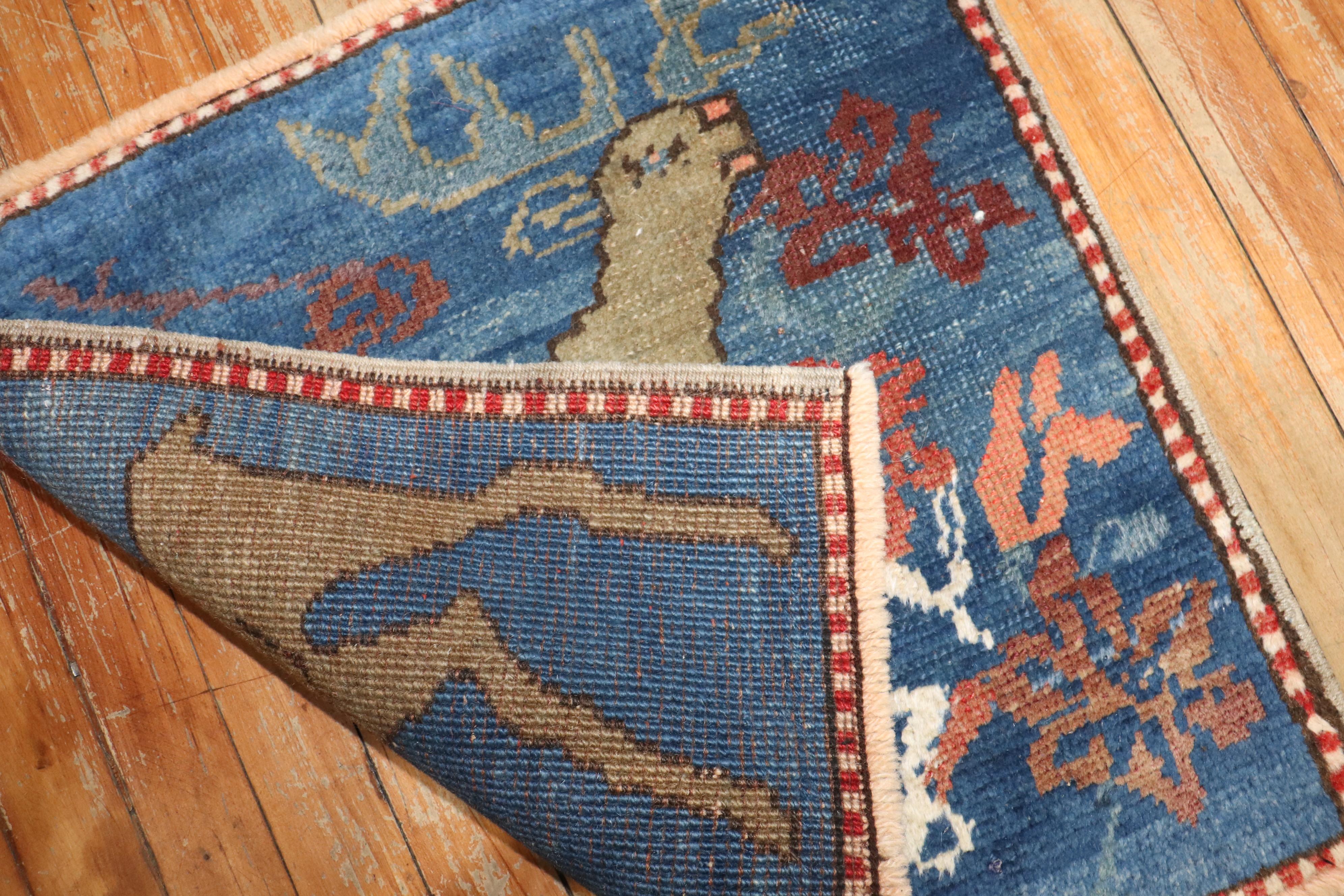 Hand-Knotted Zabihi Collection Blue Vintage Turkish Reindeer Animal Square Throw Rug For Sale
