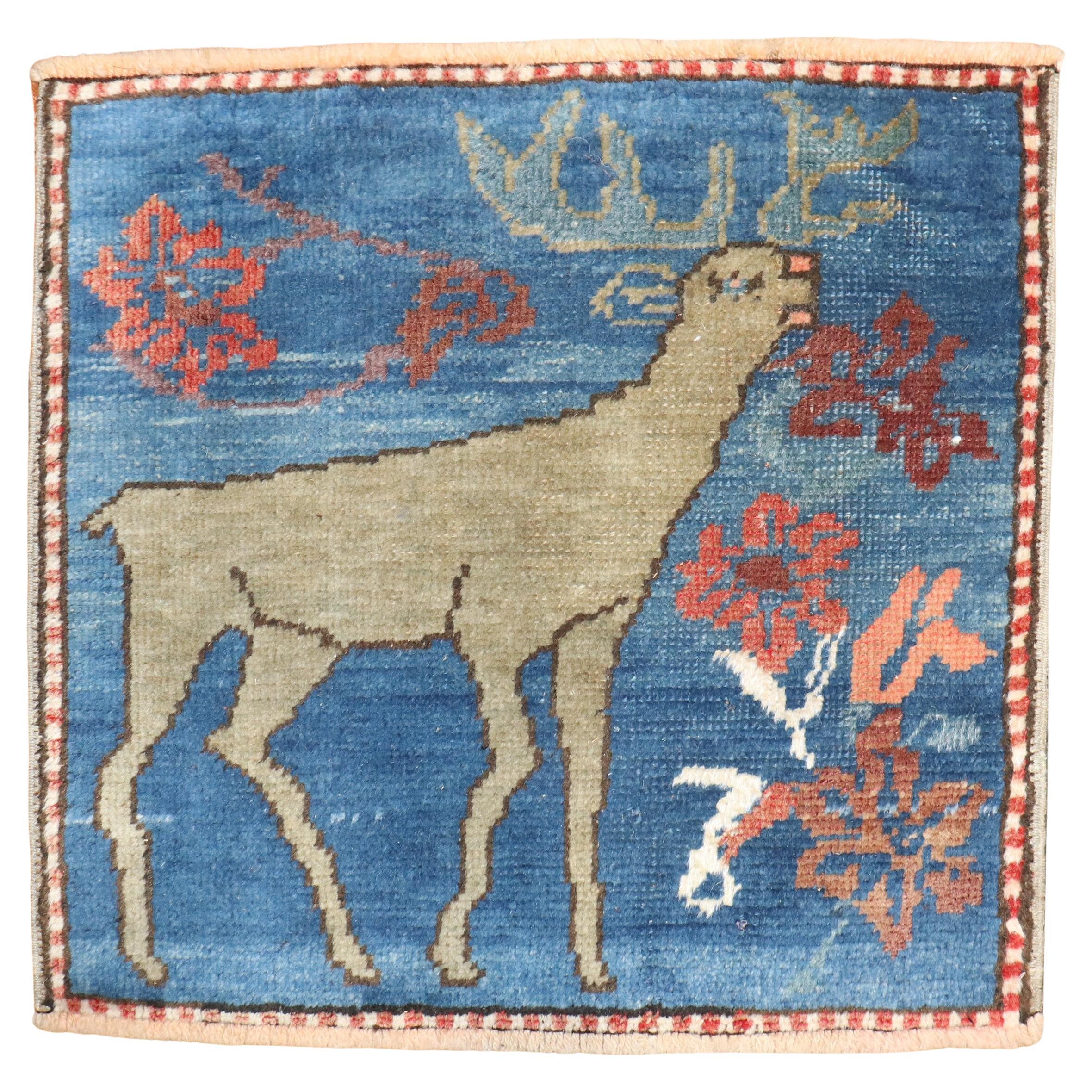 Zabihi Collection Blue Vintage Turkish Reindeer Animal Square Throw Rug For Sale