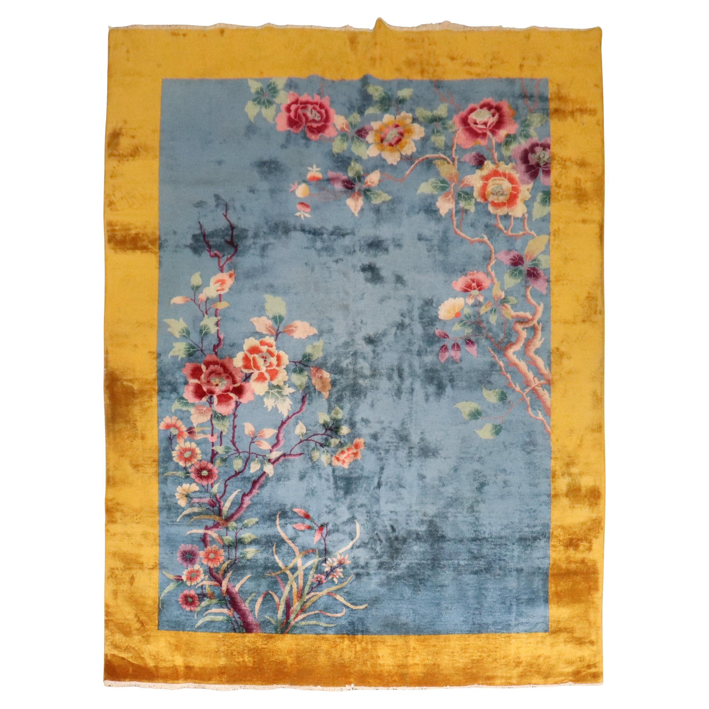 Colección Zabihi Alfombra de Lana Mandelin Azul Amarilla Antigua Art Decó China