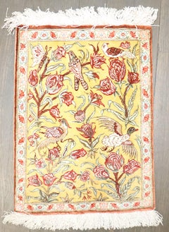 Zabihi Collection Botanical Silk Persian Qum Pigeon Floral Mini Rug