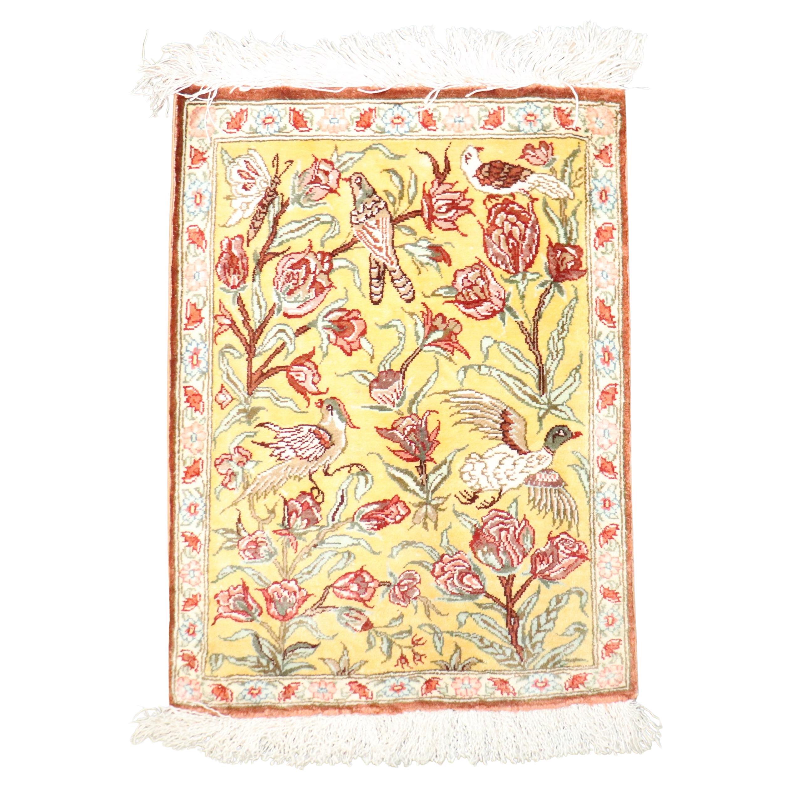Zabihi Collection Botanical Silk Persian Qum Pigeon Floral Mini Rug For Sale