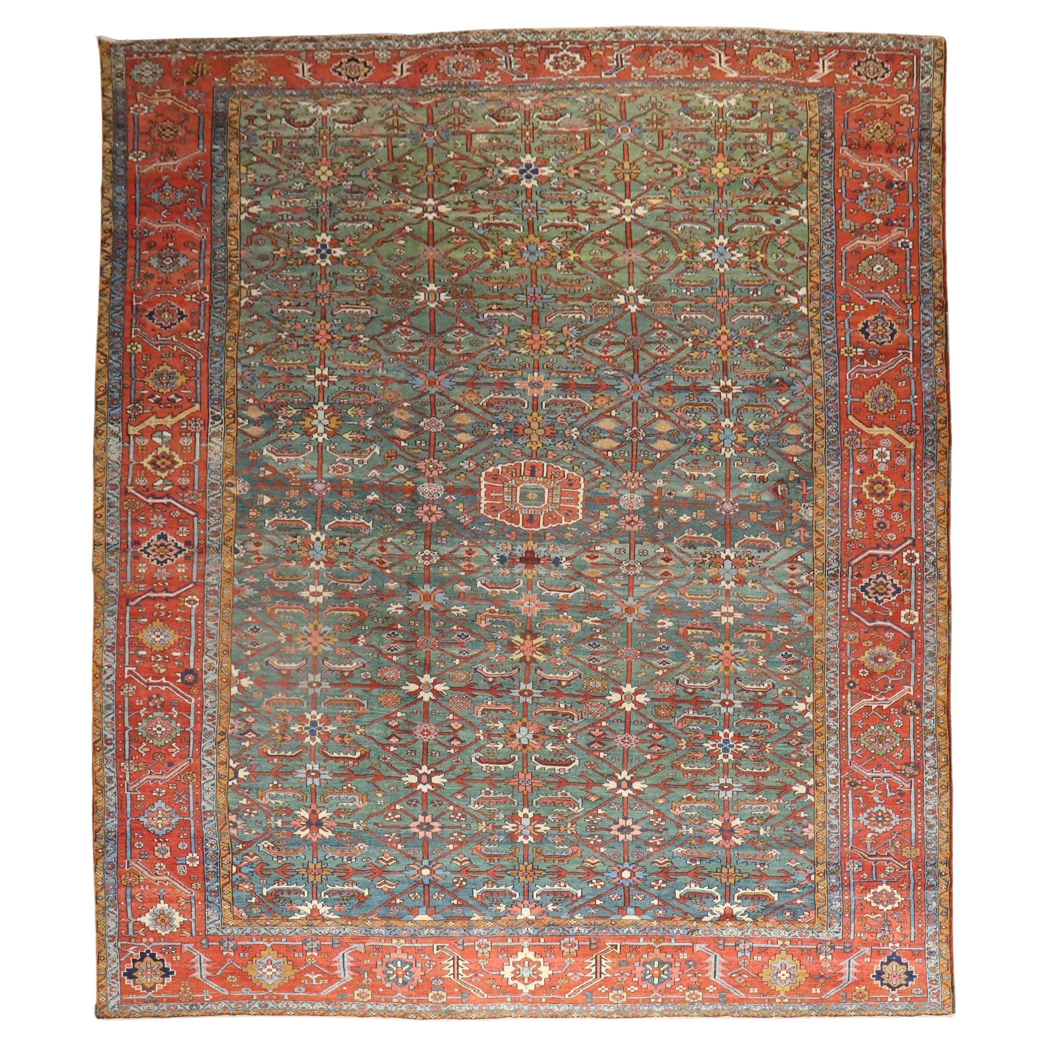 Zabihi Kollektion Atemberaubender persischer antiker Heriz-Teppich in Übergröße in Smaragdgrün in Übergröße
