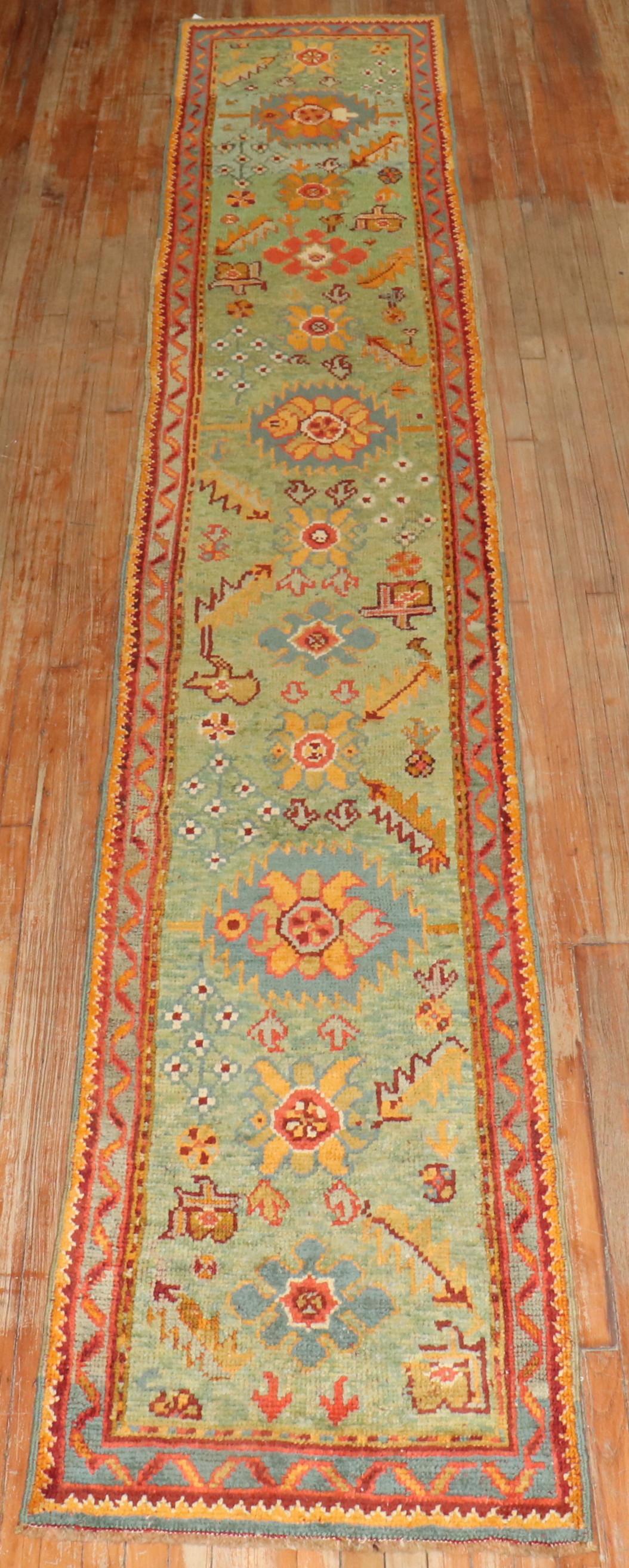 An early 20th century narrow and long bright green field Antique turkish oushak runner.

Size 2'6'' x 15'1''.
