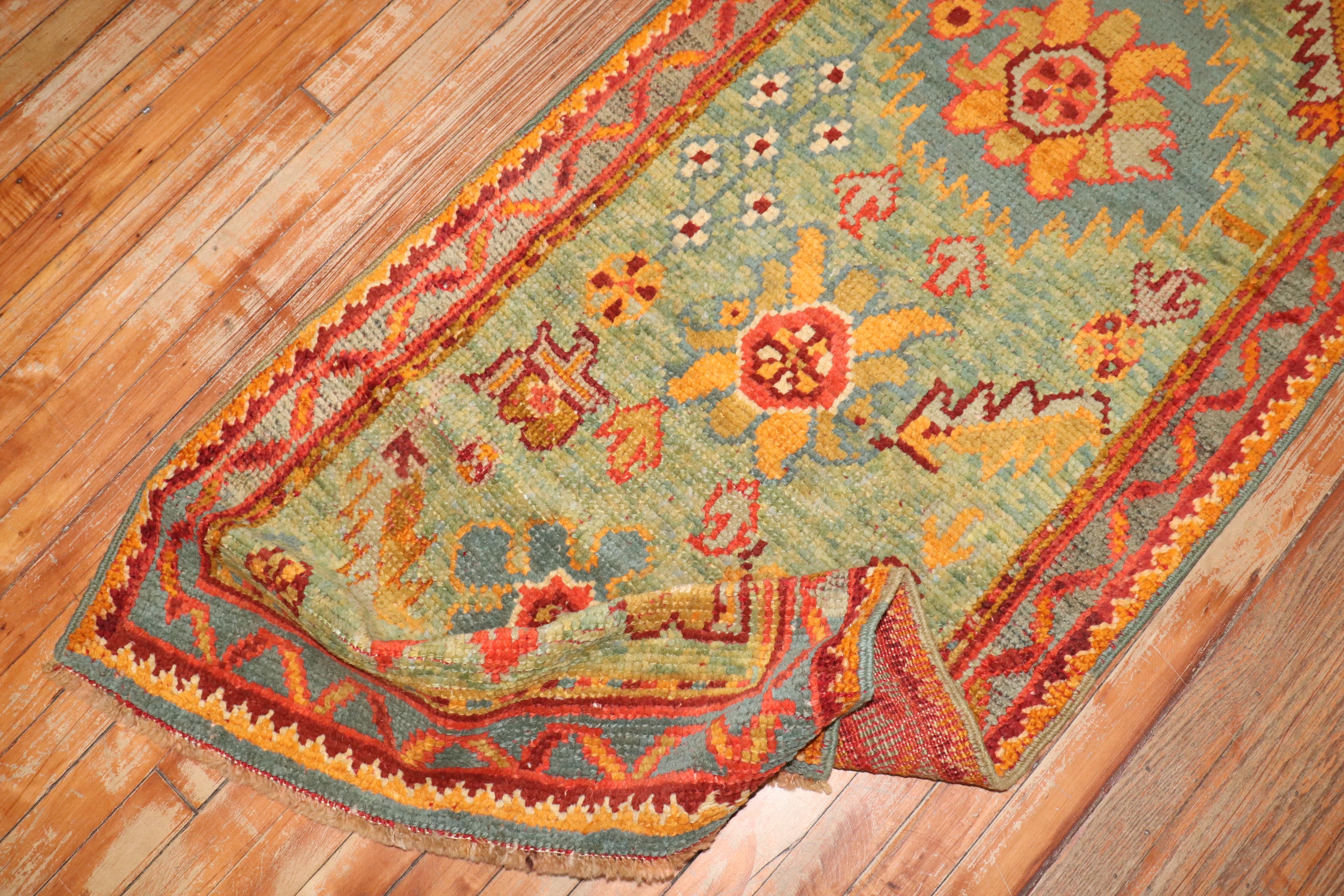 Wool Zabihi Collection Bright Green Antique Colorful Oushak Runner For Sale
