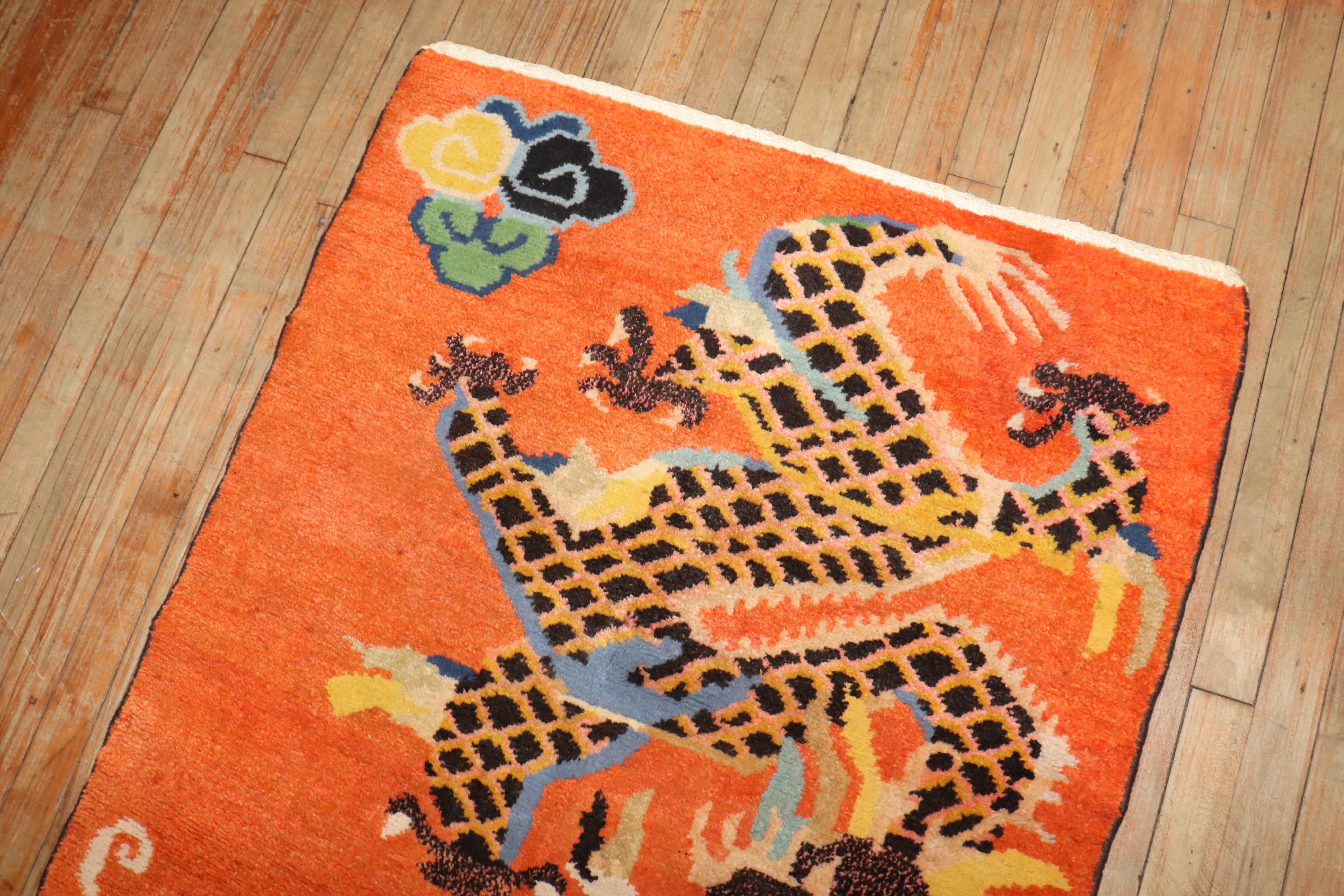 Adirondack Zabihi Collection Bright Orange Dragon Vintage Tibetan Rug (tapis tibétain vintage) en vente