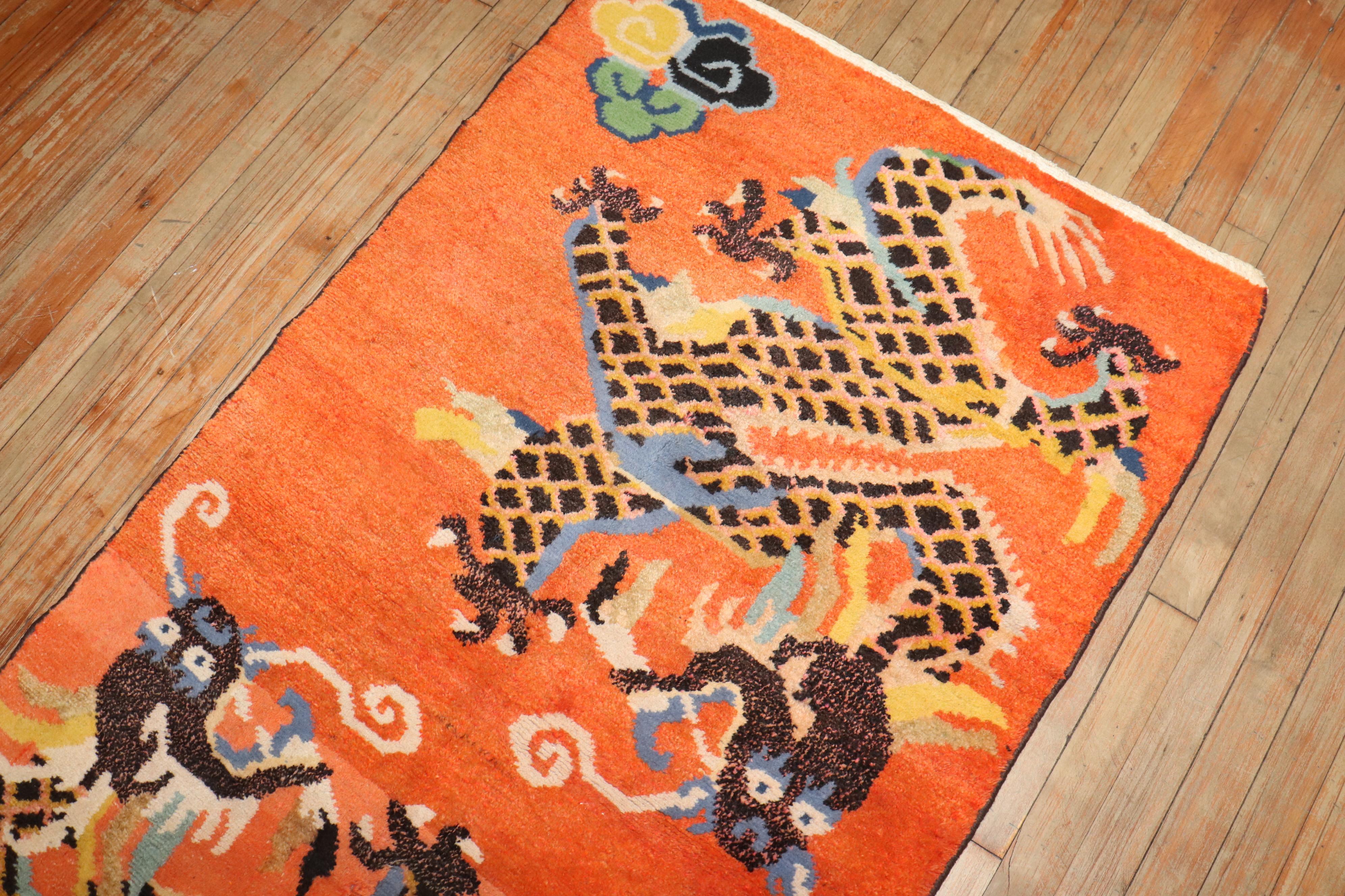 Tibétain Zabihi Collection Bright Orange Dragon Vintage Tibetan Rug (tapis tibétain vintage) en vente