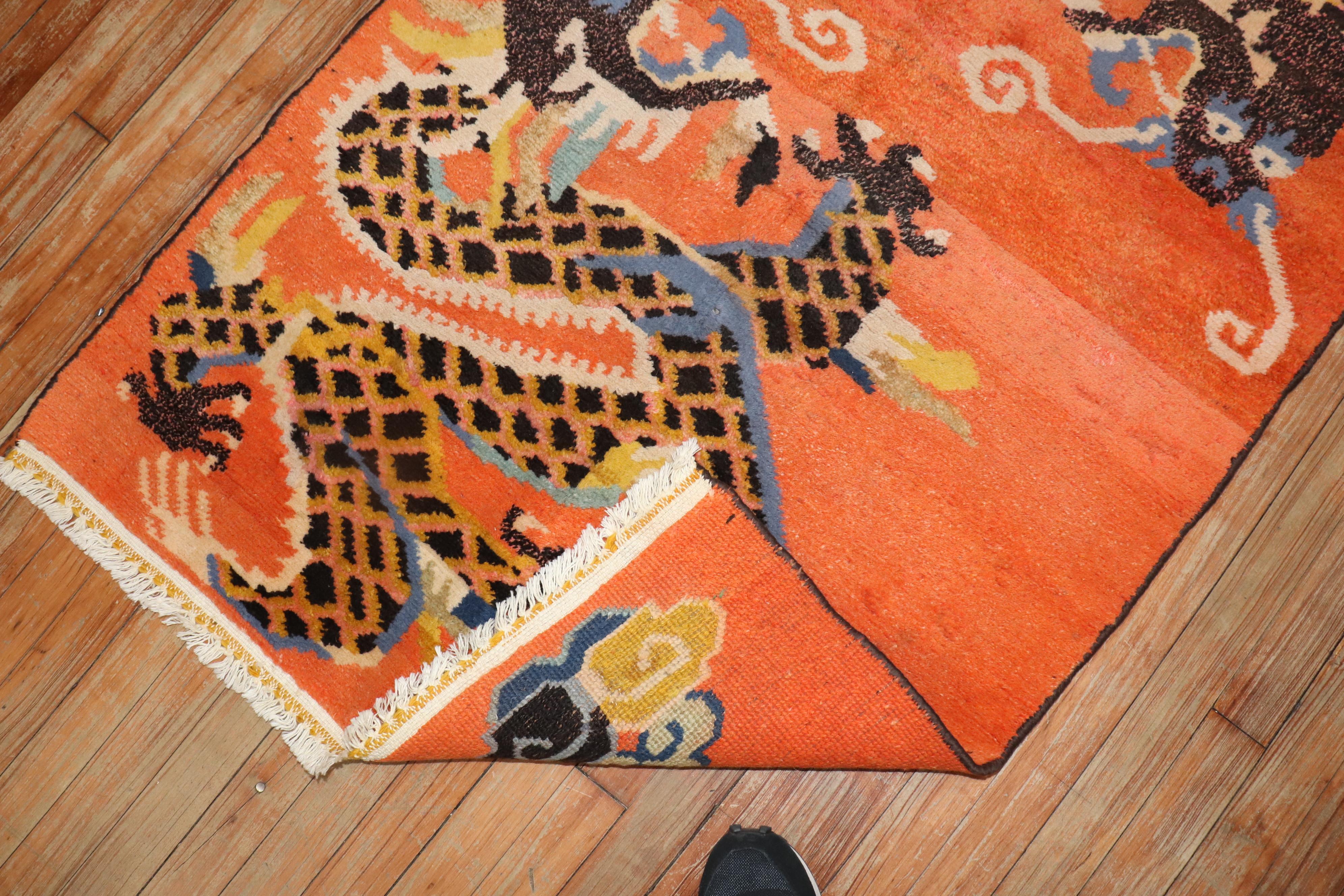 Tissé à la main Zabihi Collection Bright Orange Dragon Vintage Tibetan Rug (tapis tibétain vintage) en vente