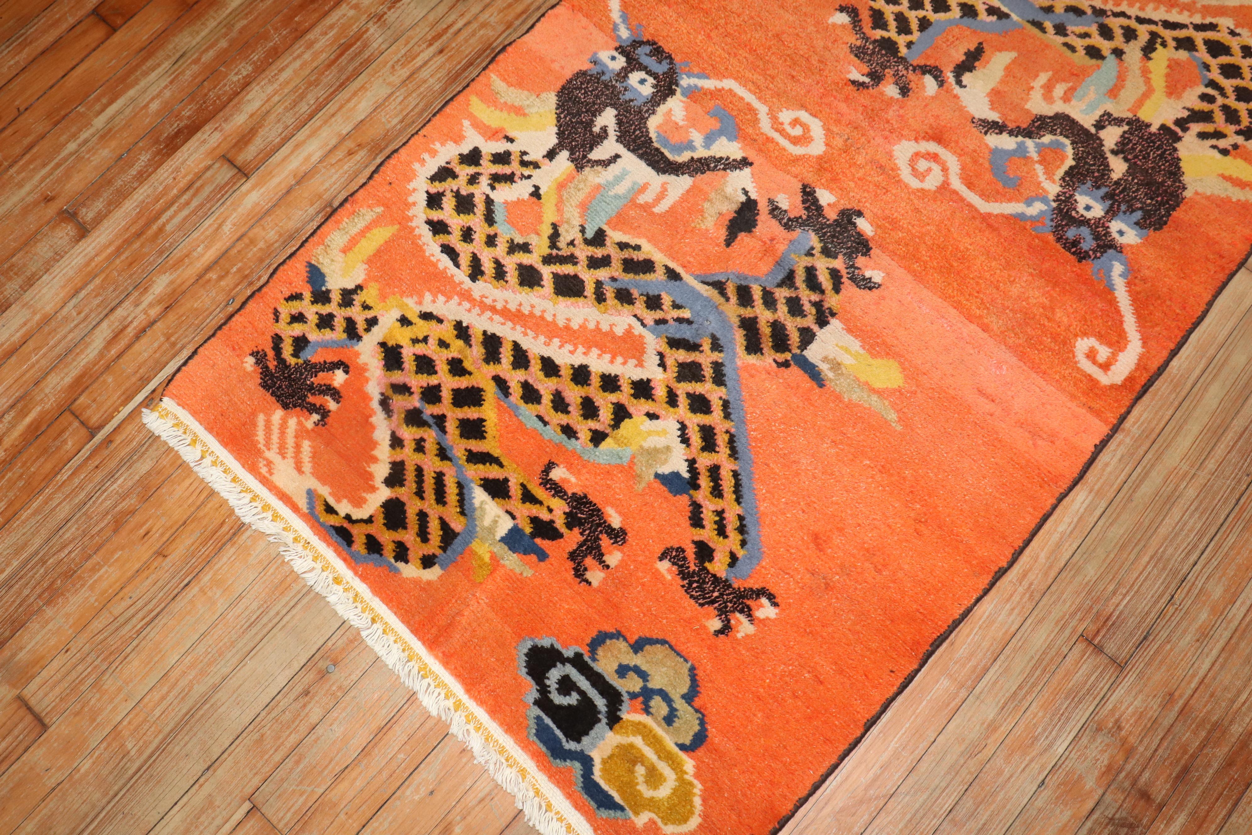 Zabihi Collection Bright Orange Dragon Vintage Tibetan Rug (tapis tibétain vintage) Bon état - En vente à New York, NY