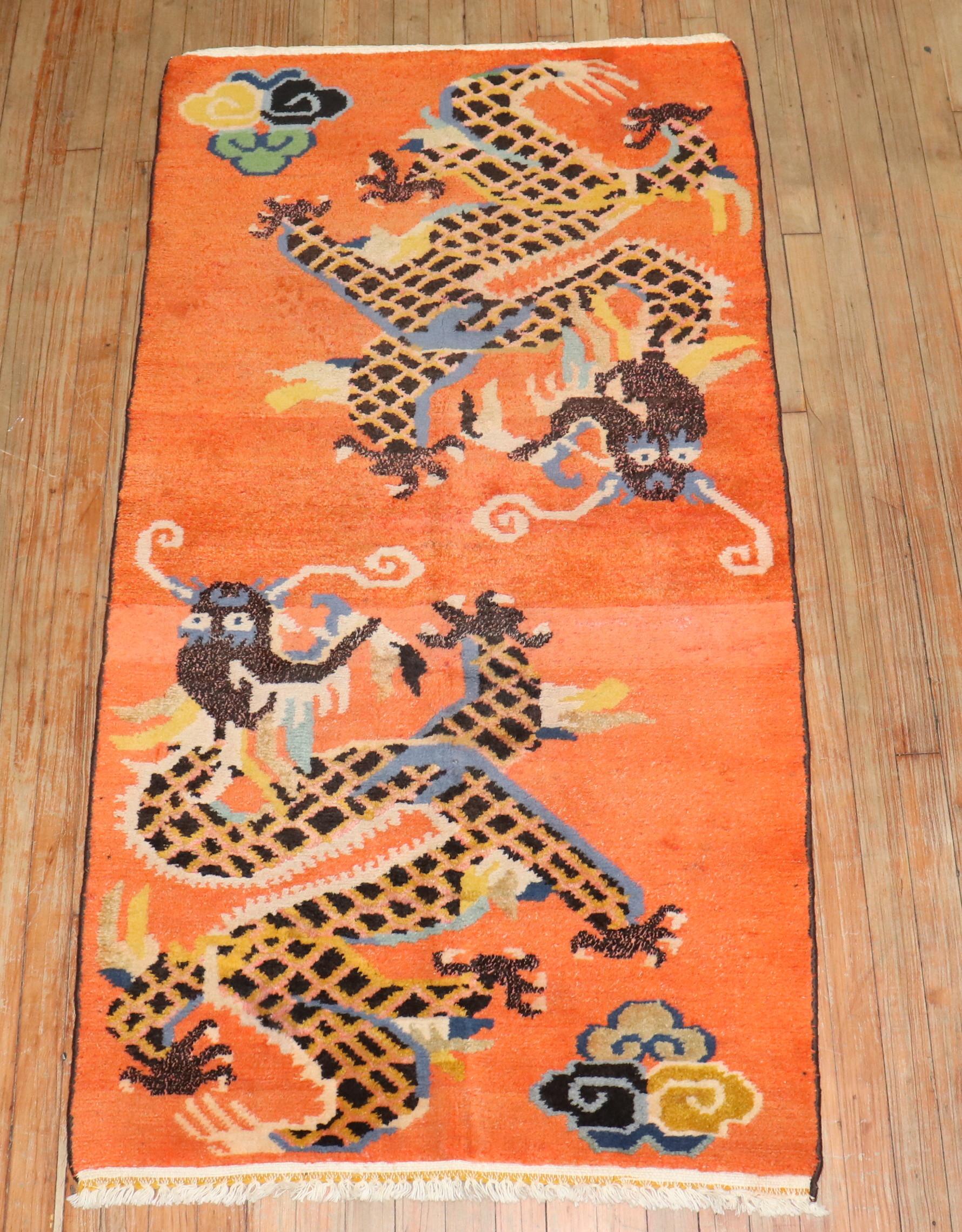Laine Zabihi Collection Bright Orange Dragon Vintage Tibetan Rug (tapis tibétain vintage) en vente