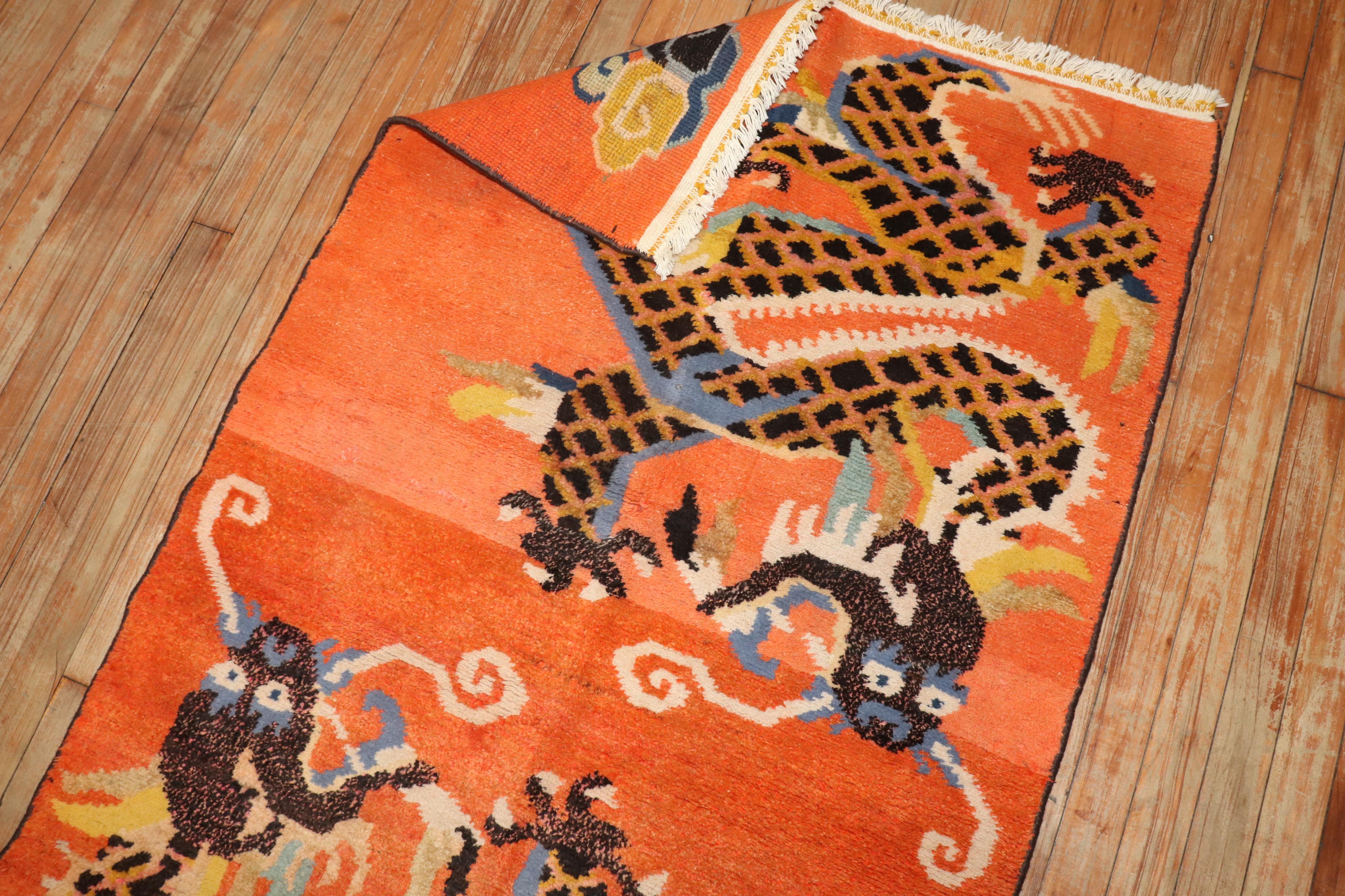 Zabihi Collection Bright Orange Dragon Vintage Tibetan Rug (tapis tibétain vintage) en vente 1