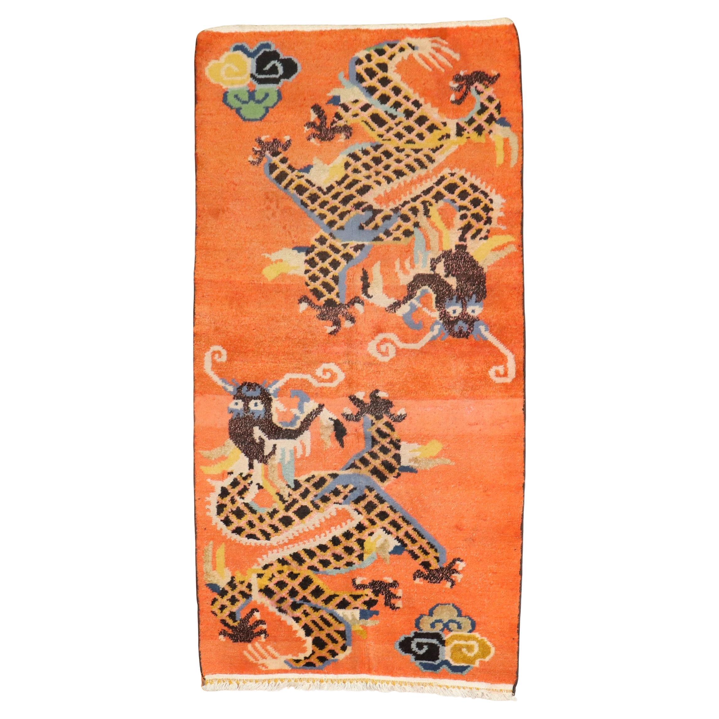 Zabihi Collection Bright Orange Dragon Vintage Tibetan Rug (tapis tibétain vintage) en vente