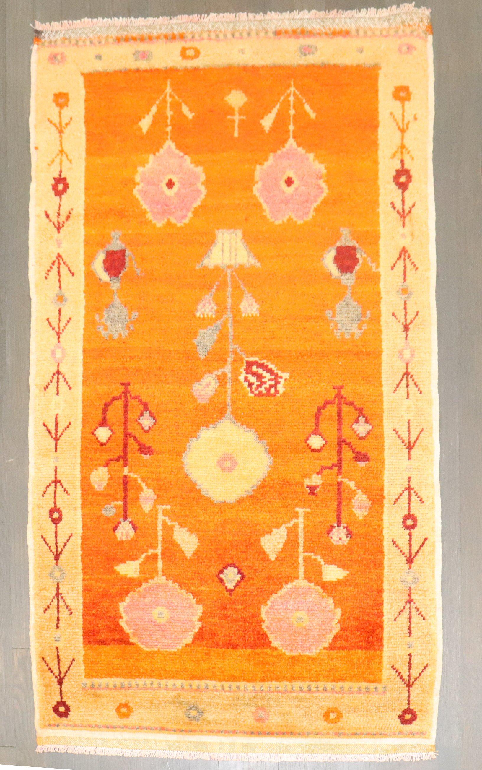 Oushak Zabihi Collection Bright Orange Vintage Turkish Anatolian Rug For Sale