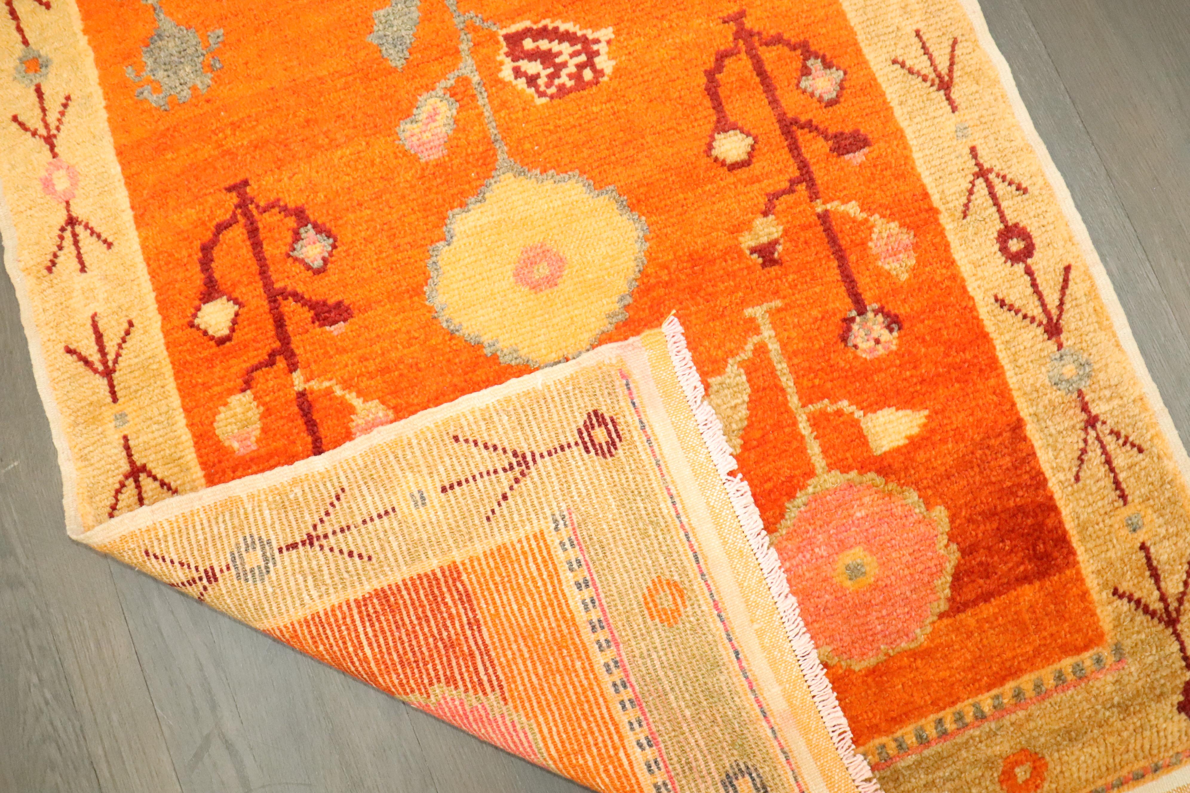 Hand-Knotted Zabihi Collection Bright Orange Vintage Turkish Anatolian Rug For Sale