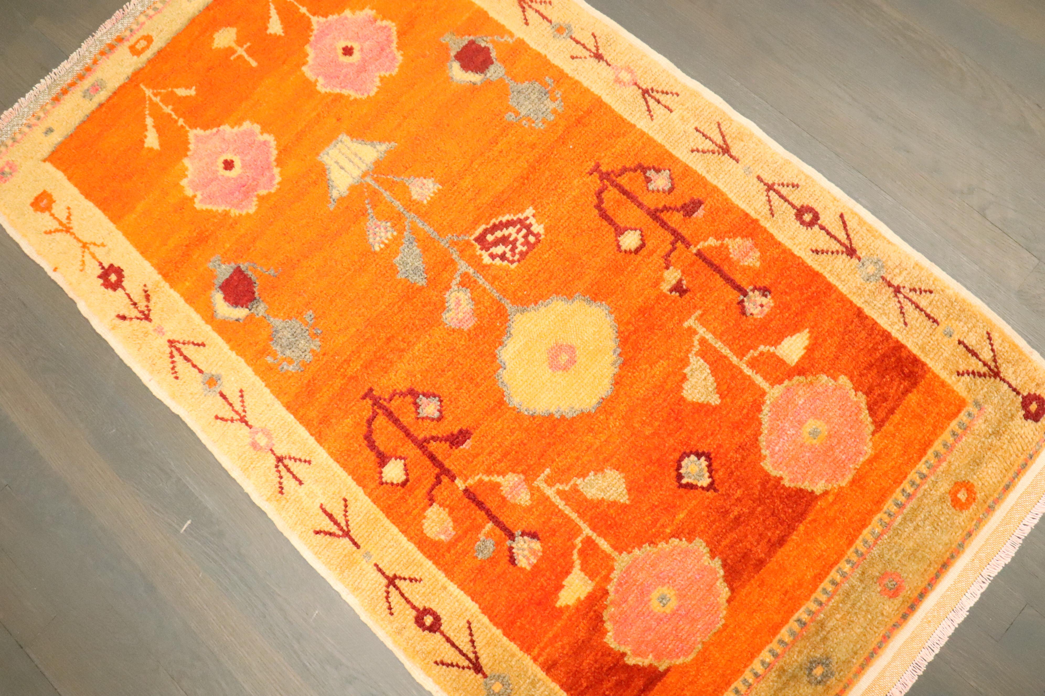 20th Century Zabihi Collection Bright Orange Vintage Turkish Anatolian Rug For Sale