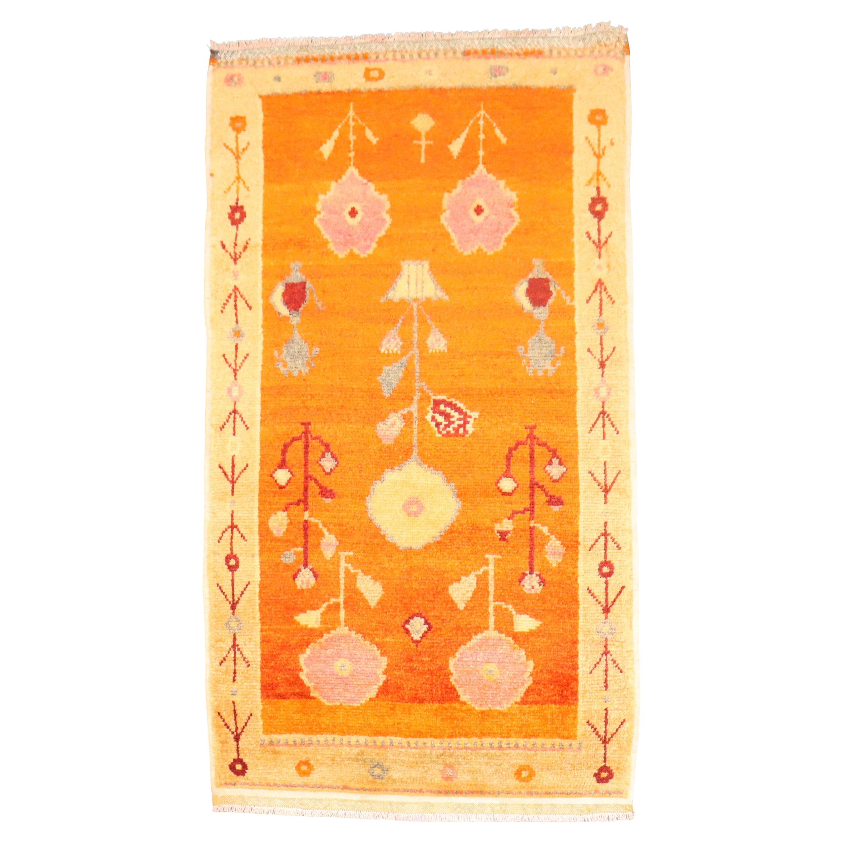 Zabihi Collection Bright Orange Vintage Turkish Anatolian Rug For Sale