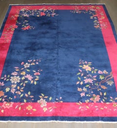 Zabihi Collection Bright Navy Pink Antique Chinese Art Deco Carpet
