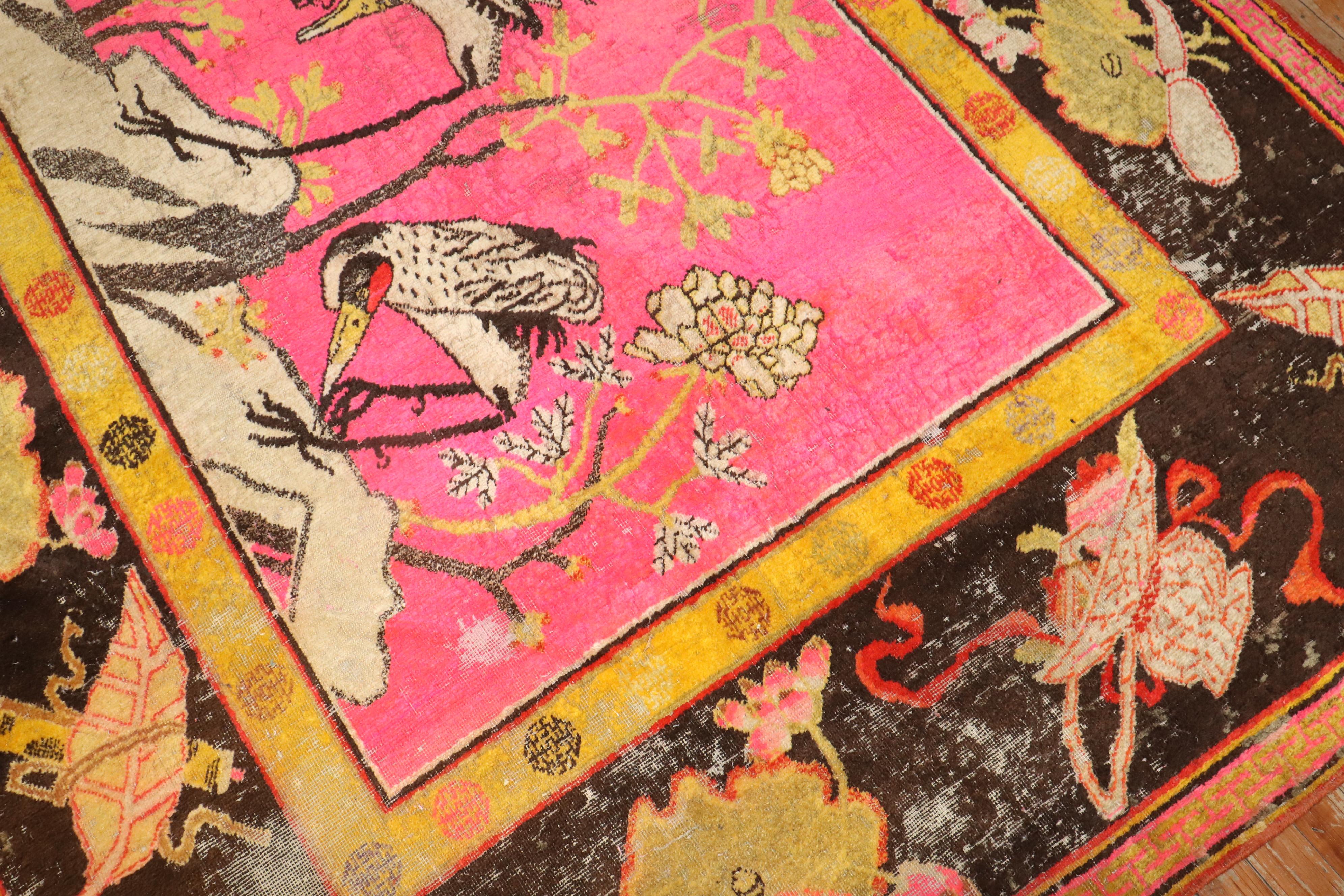 Zabihi Collection Bright Pink Antique Worn Flamingo Pictorial Khotan Rug For Sale 4