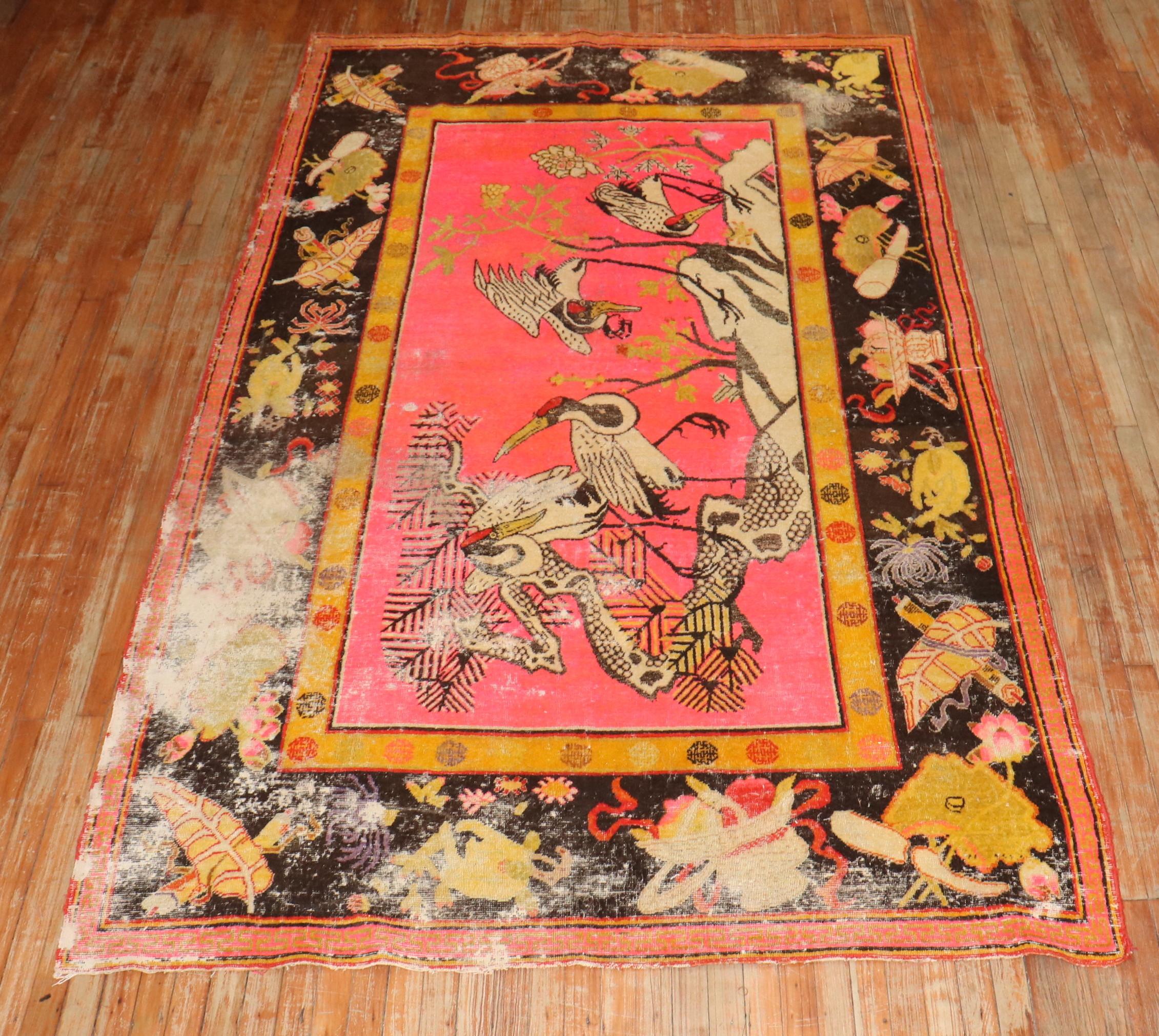 Zabihi Collection Bright Pink Antique Worn Flamingo Pictorial Khotan Rug For Sale 8
