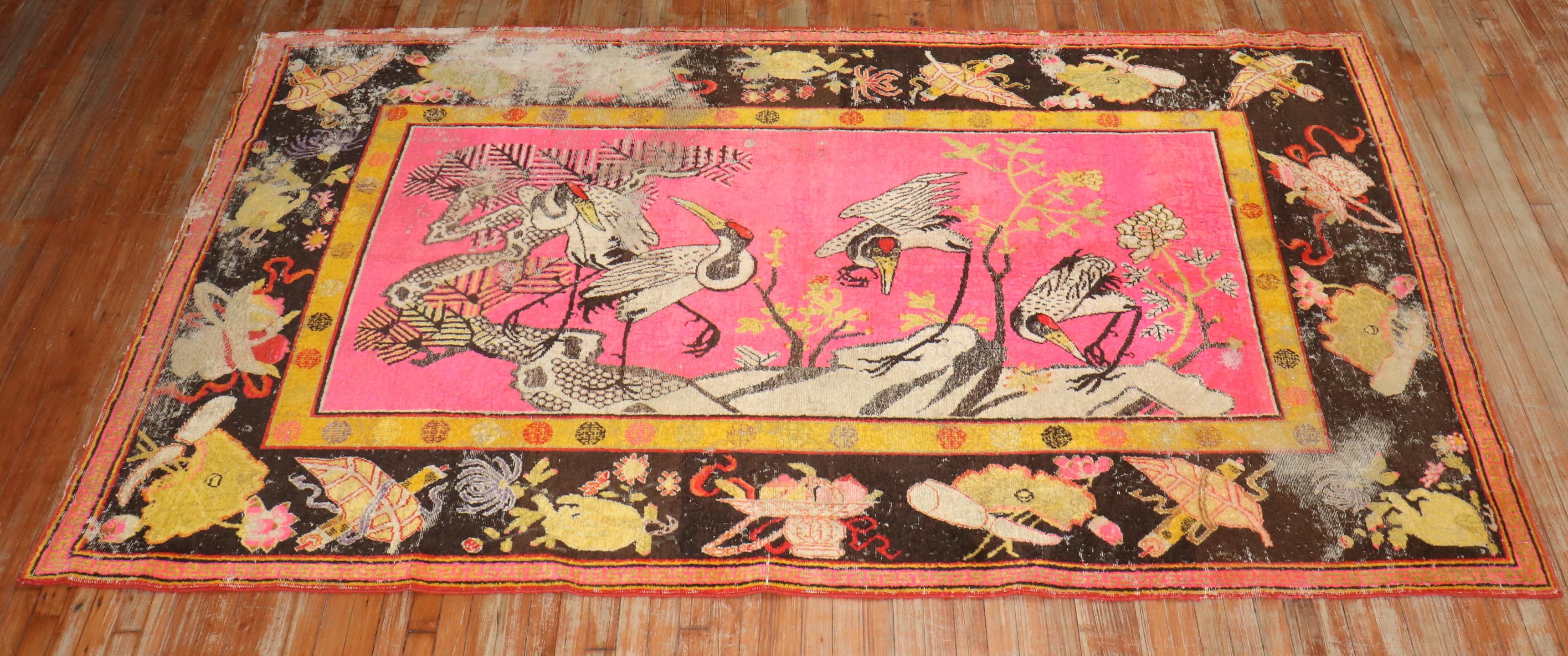 Zabihi Collection Bright Pink Antique Worn Flamingo Pictorial Khotan Rug For Sale 9