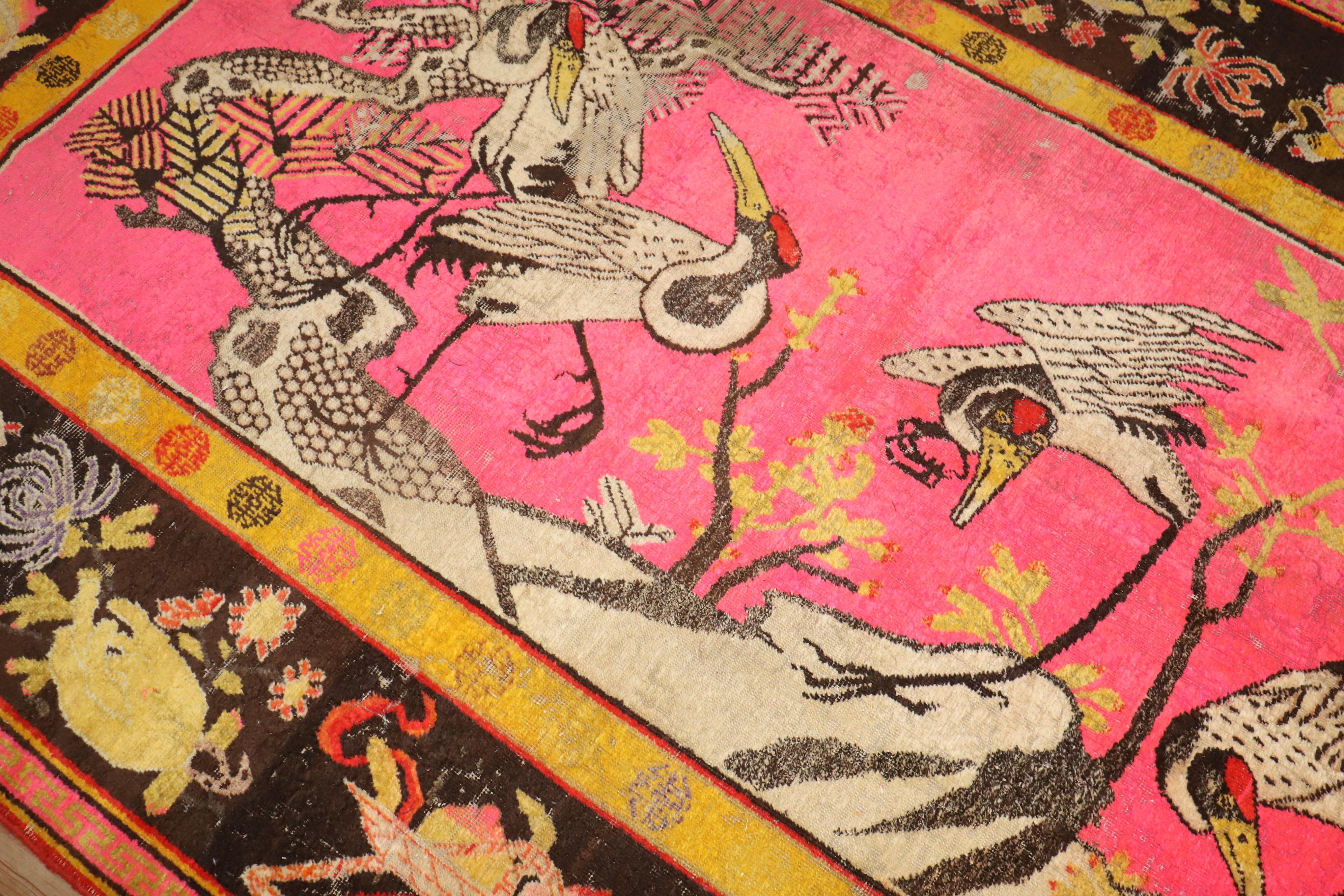 Wool Zabihi Collection Bright Pink Antique Worn Flamingo Pictorial Khotan Rug For Sale