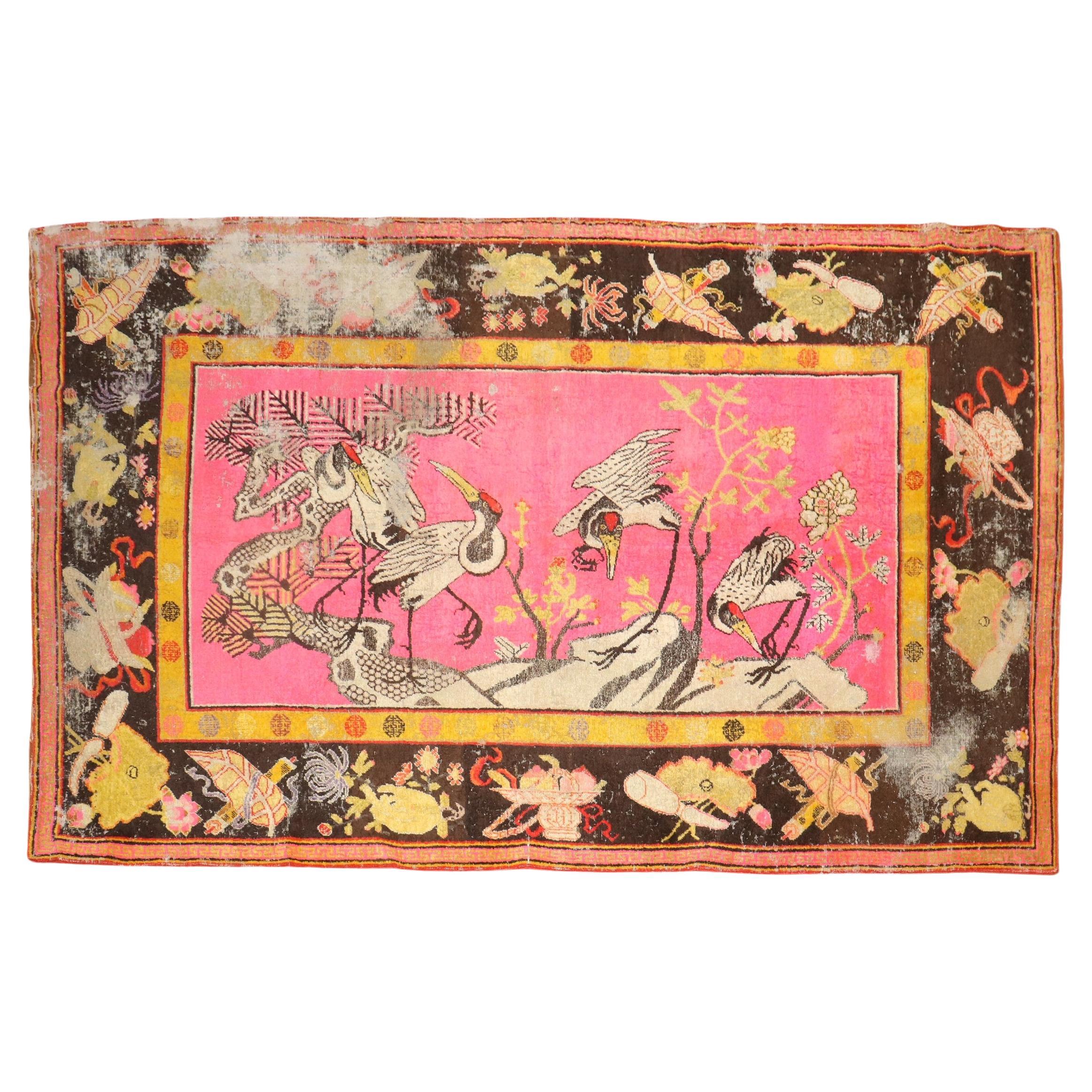 Zabihi Collection Bright Pink Antique Worn Flamingo Pictorial Khotan Rug