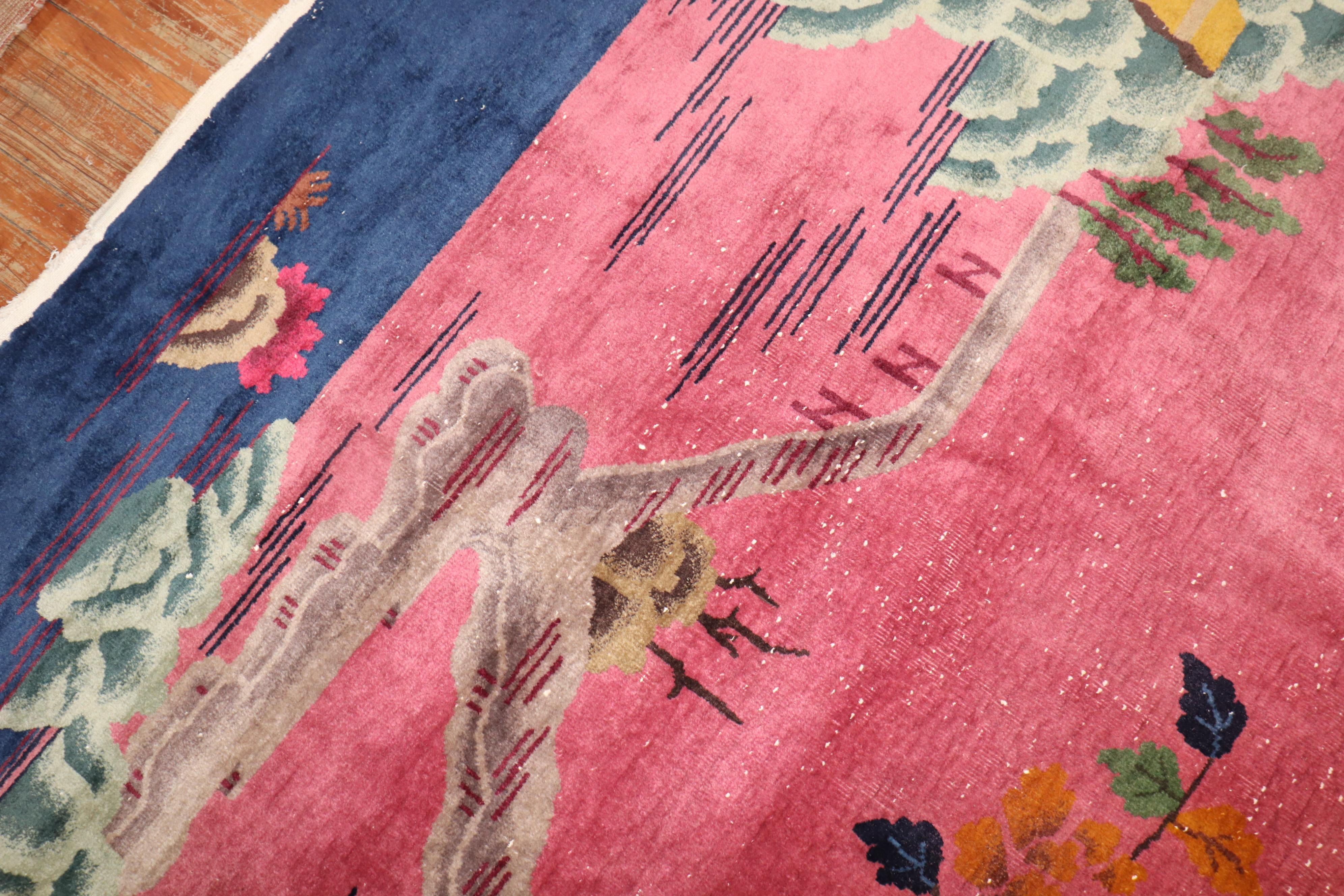 Zabihi Collection Bright Pink Chinese Art Deco Large Room Size Rug (20. Jahrhundert) im Angebot