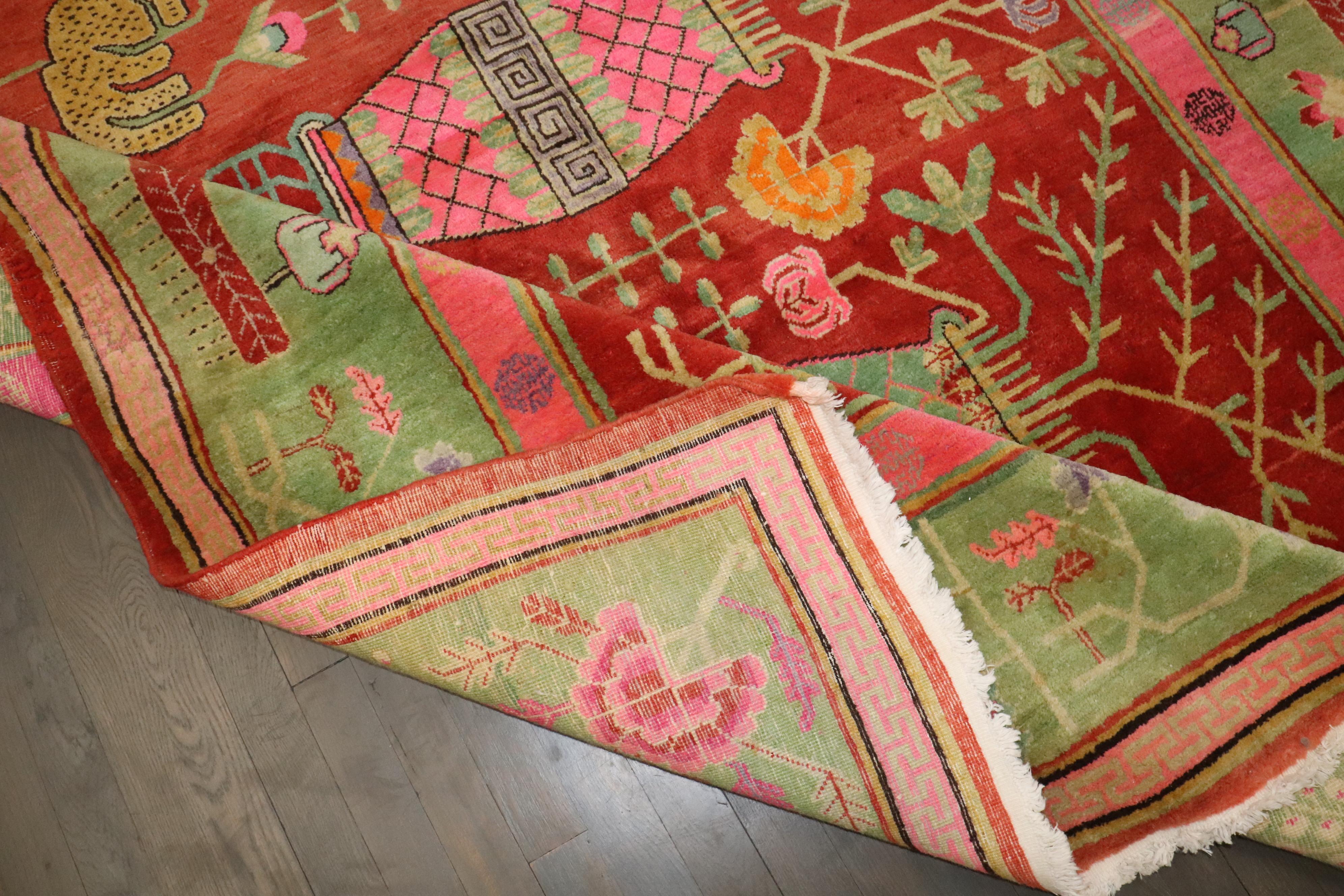 Zabihi Collection Bright Pink Green  Samarkand Khotan Rug For Sale 2