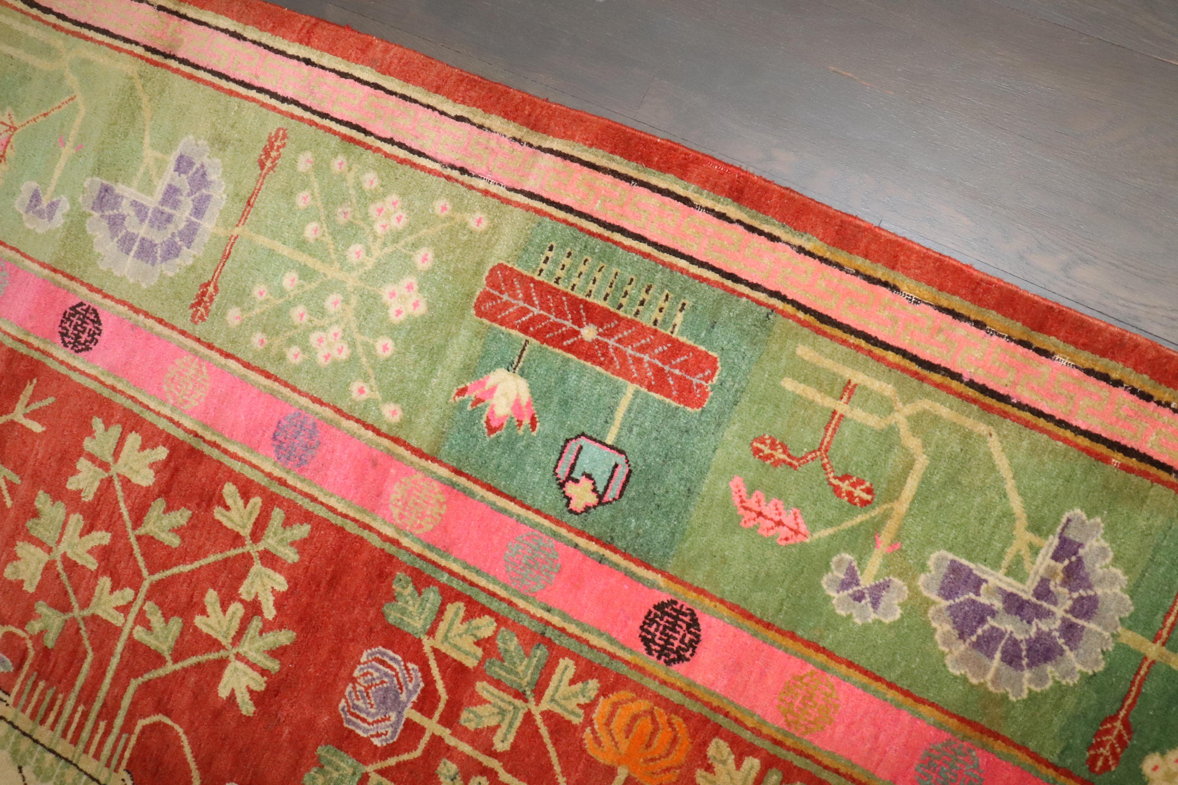 Zabihi Collection Bright Pink Green  Samarkand Khotan Rug For Sale 3