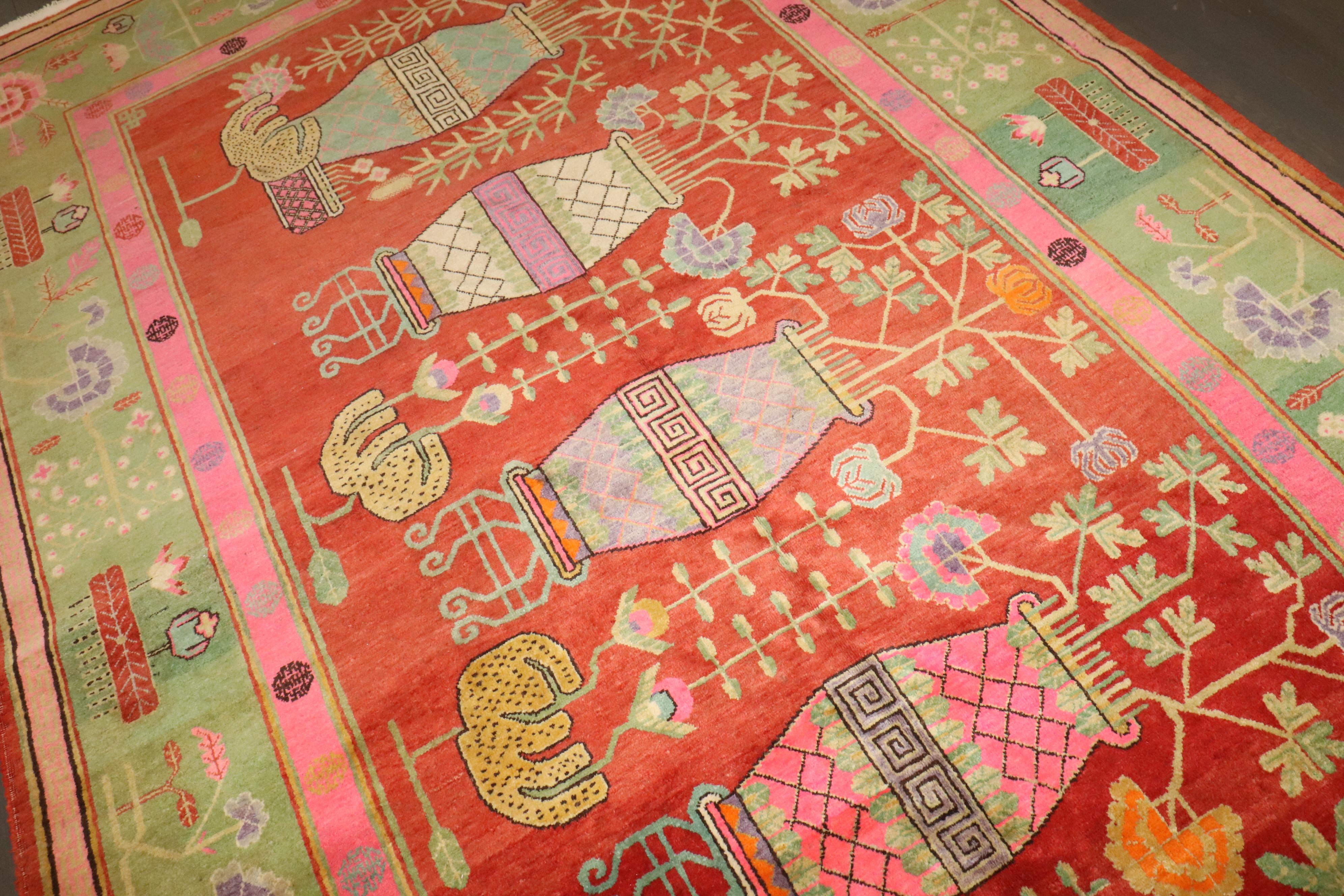 Zabihi Collection Bright Pink Green  Samarkand Khotan Rug For Sale 4