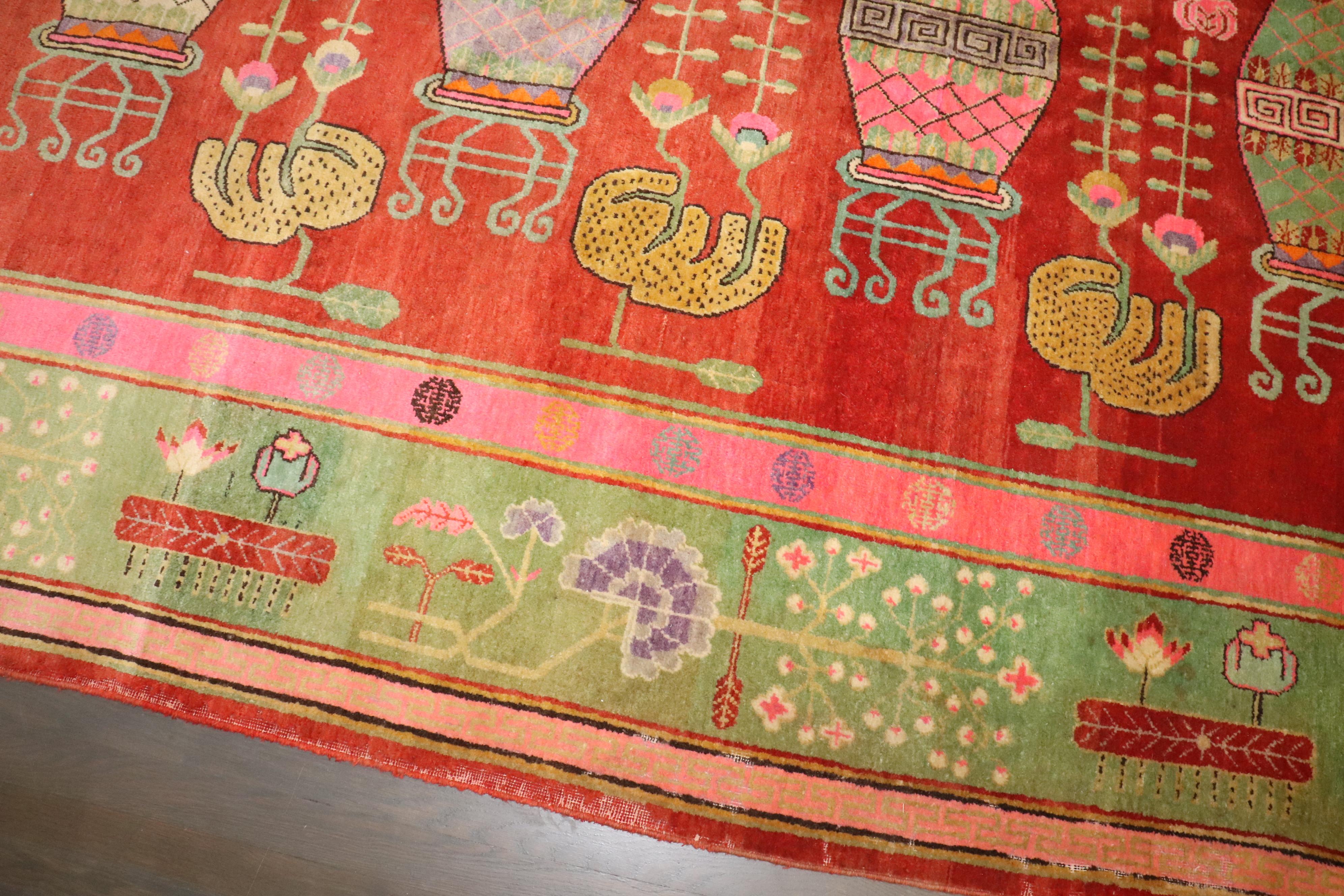 Agra Zabihi Collection Bright Pink Green  Samarkand Khotan Rug For Sale