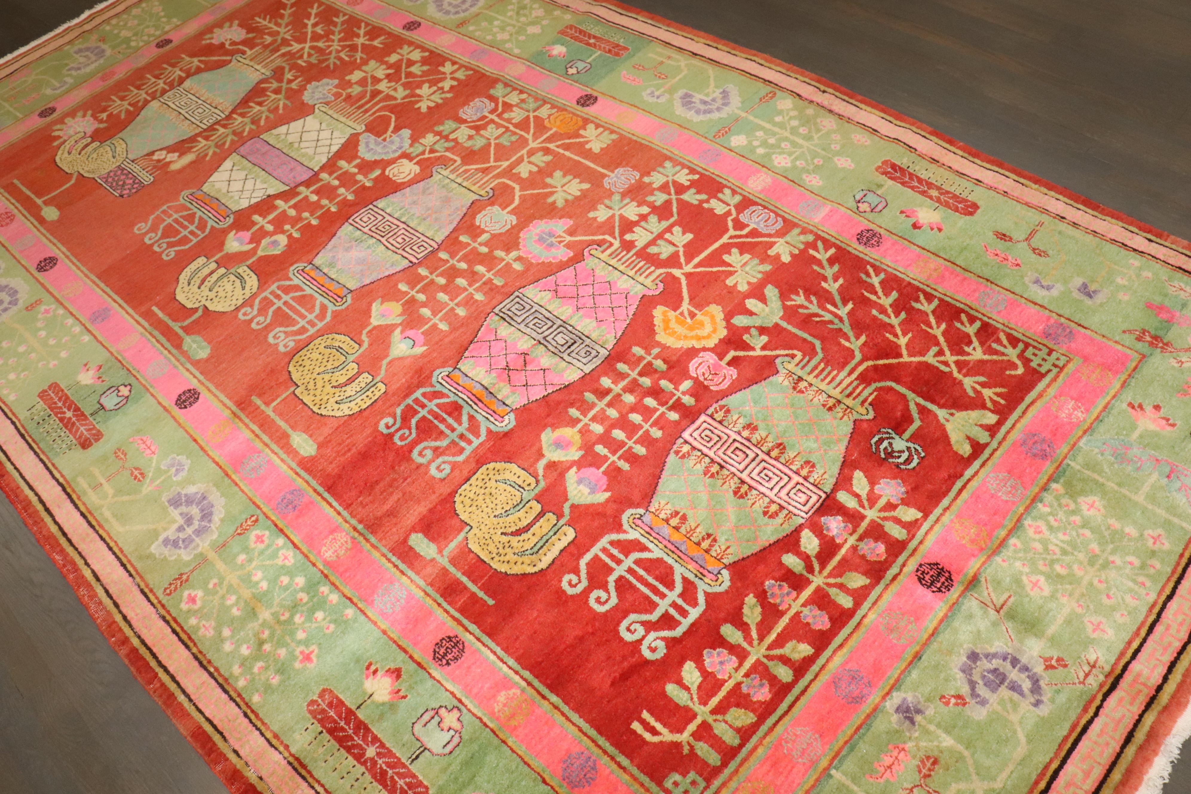 East Turkestani Zabihi Collection Bright Pink Green  Samarkand Khotan Rug For Sale