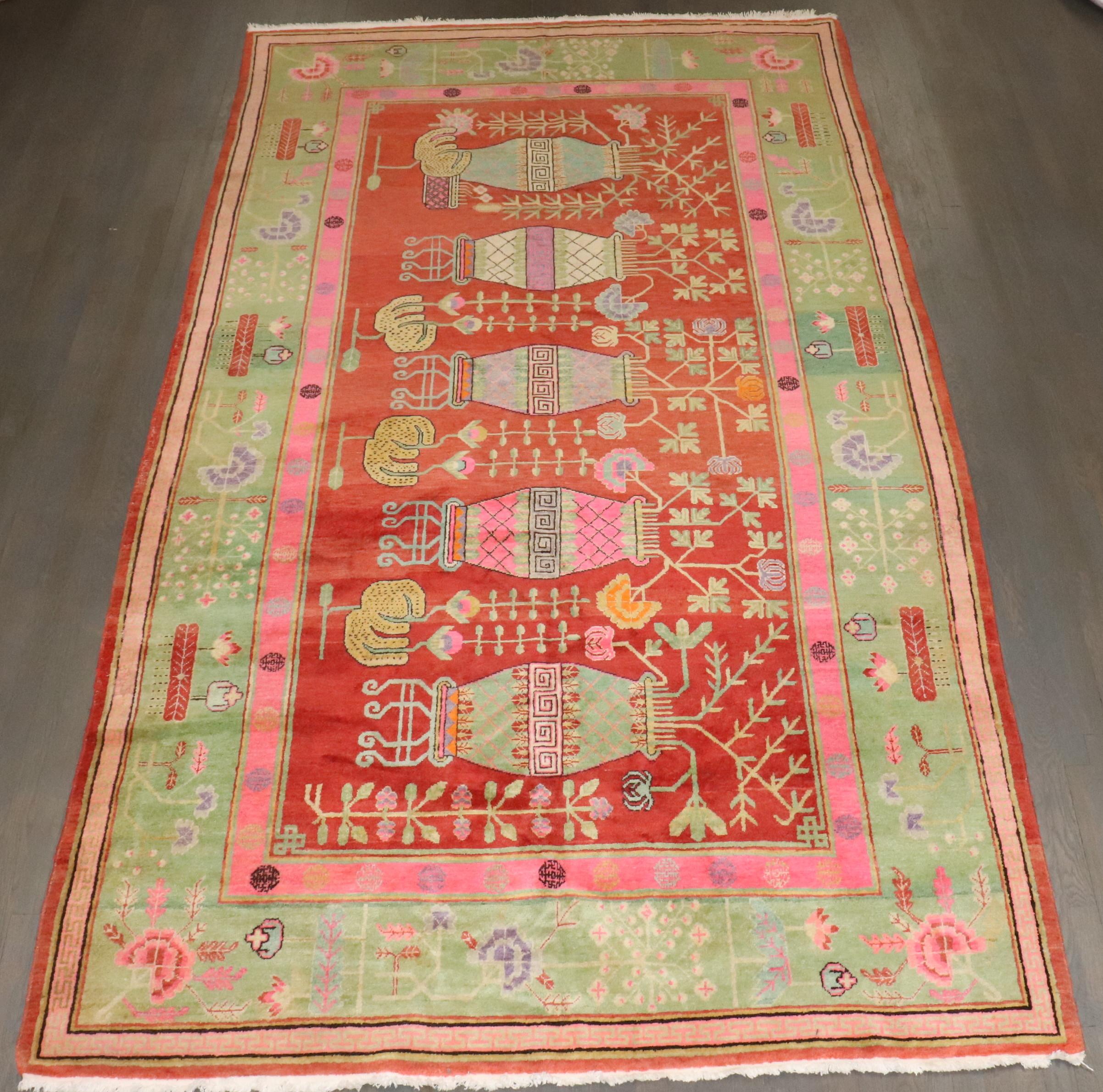 Hand-Knotted Zabihi Collection Bright Pink Green  Samarkand Khotan Rug For Sale